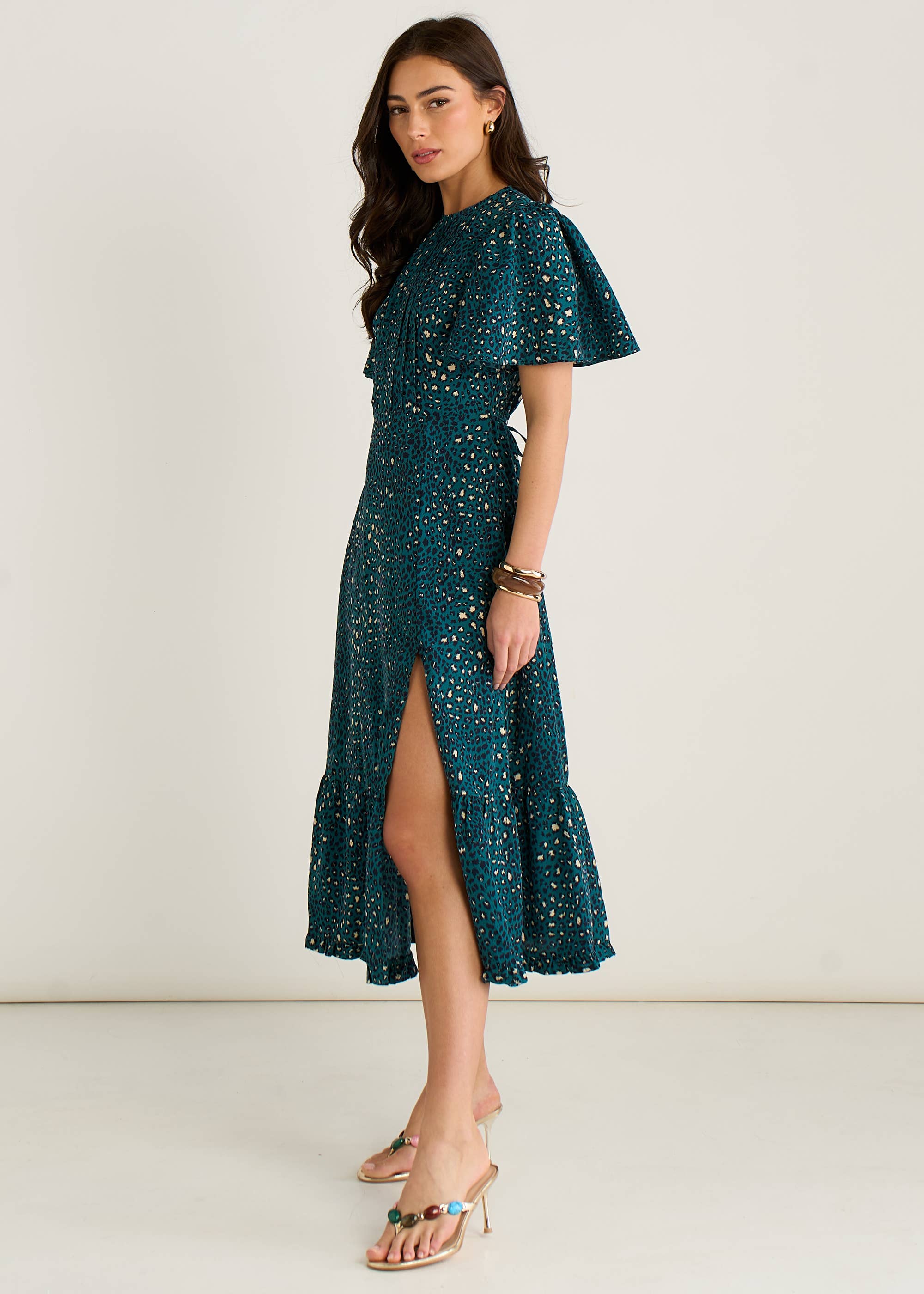 Green Animal Print Smock Tiered Midi Dress