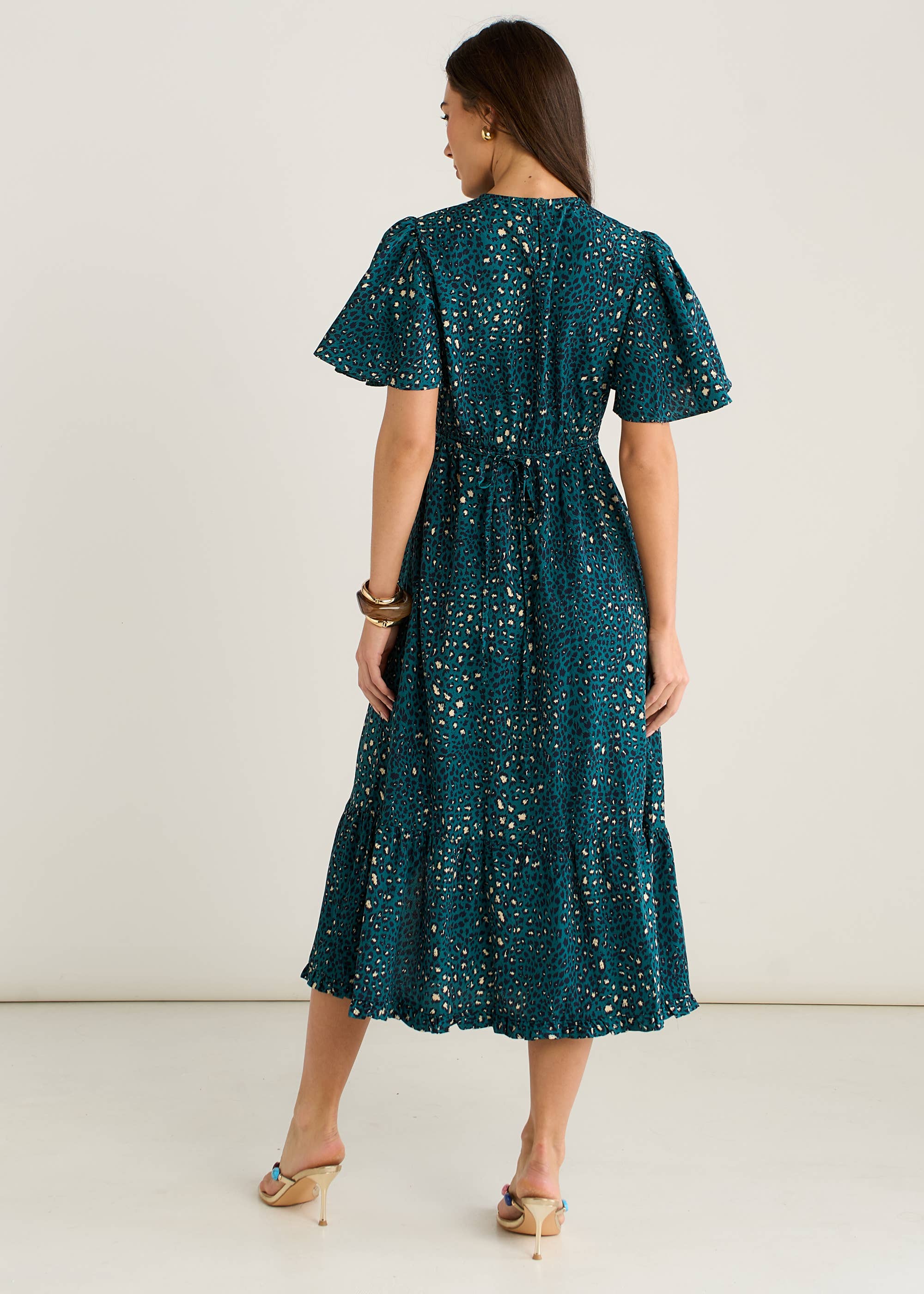 Green Animal Print Smock Tiered Midi Dress