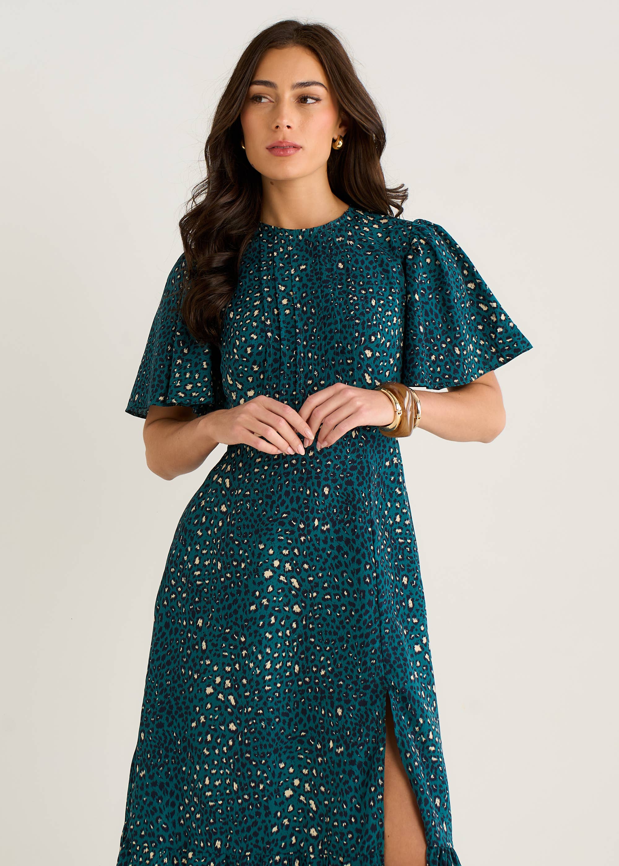 Green Animal Print Smock Tiered Midi Dress