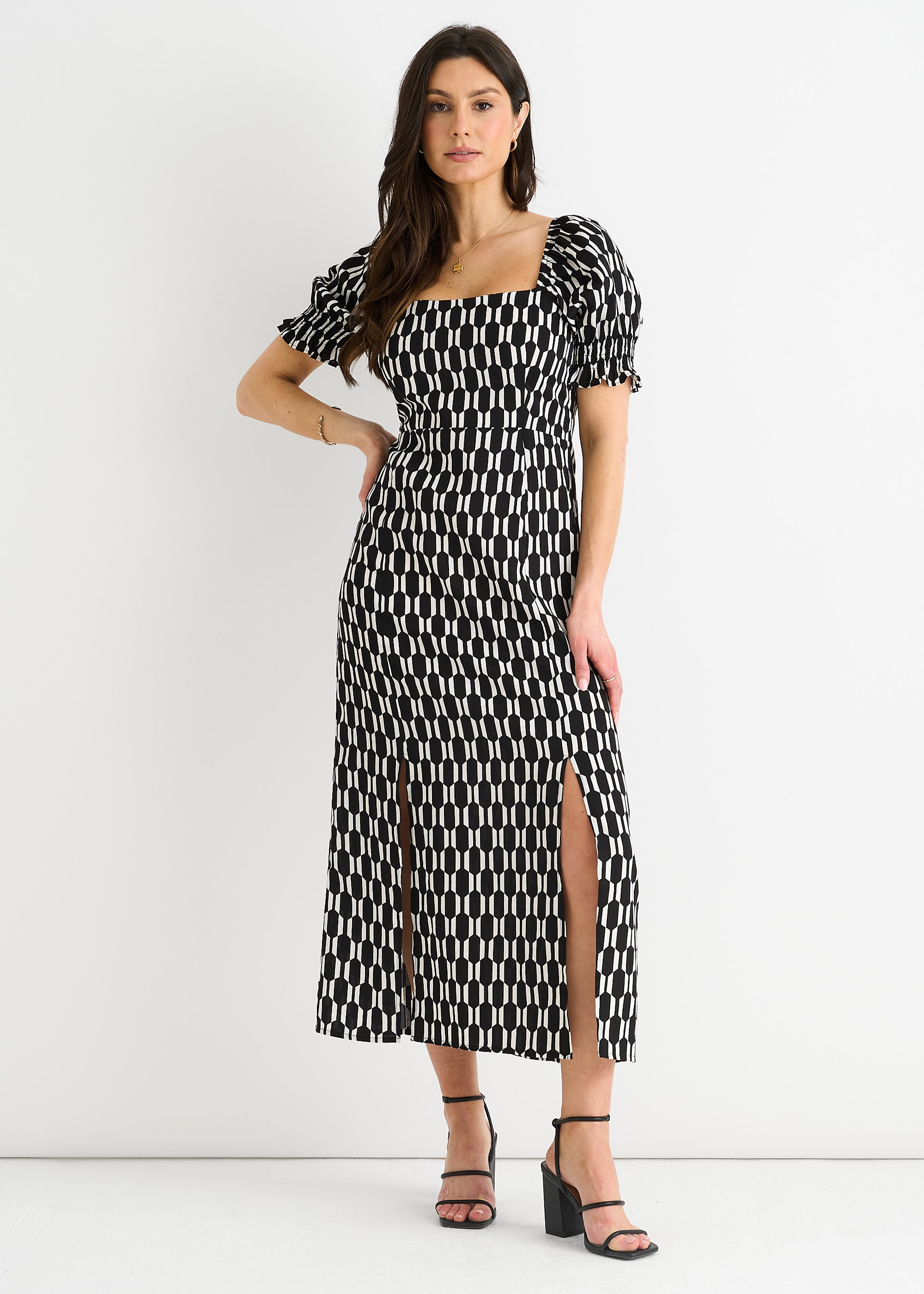 Geo Print Square Neck Midi Dress