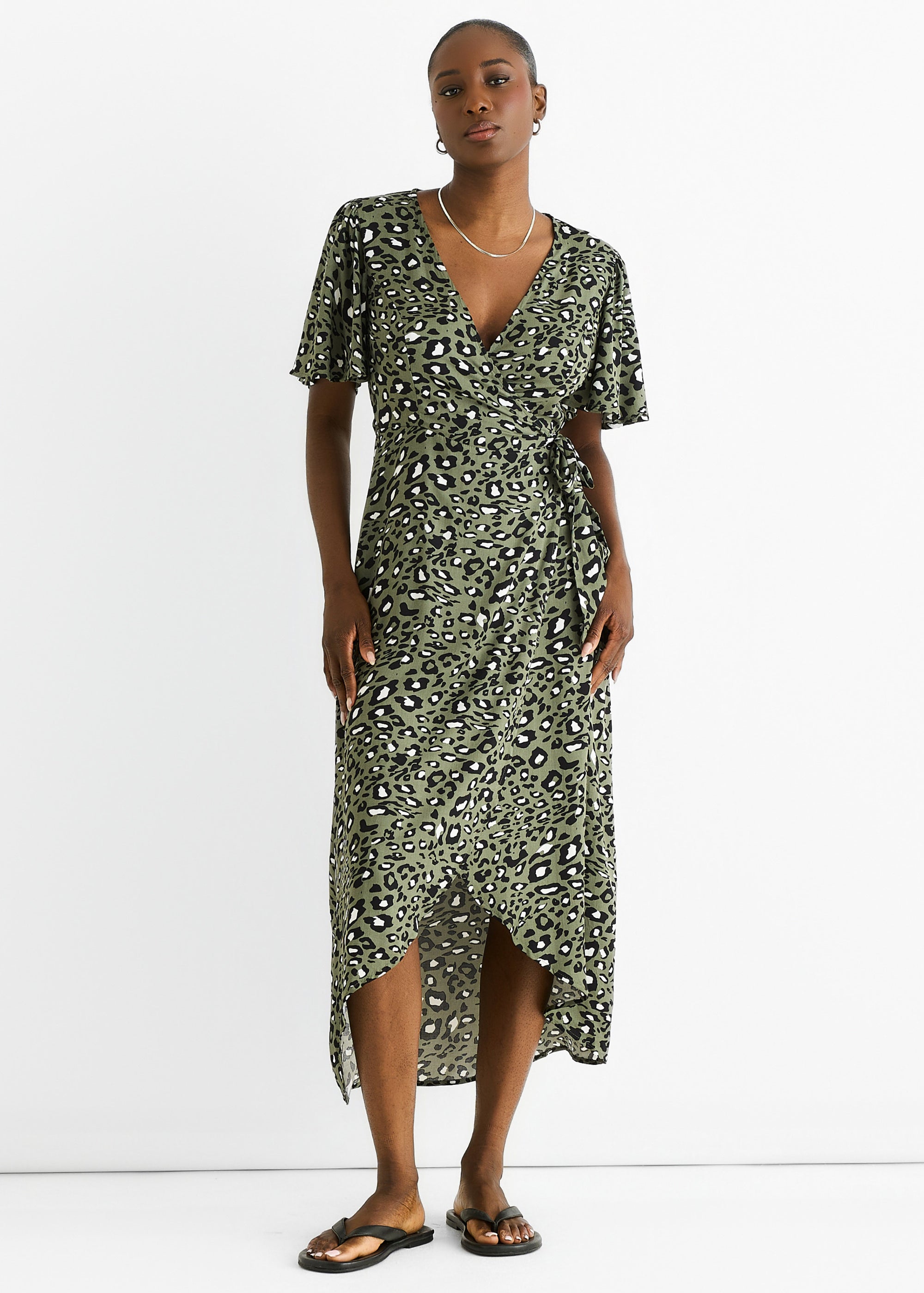 Animal Print Viscose Wrap Midi Dress
