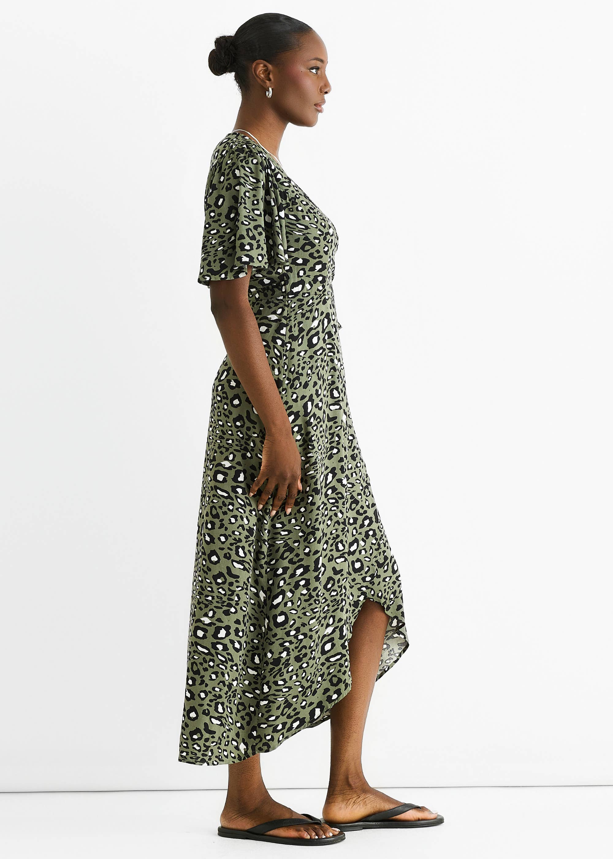 Khaki Animal Print Viscose Wrap Midi Dress