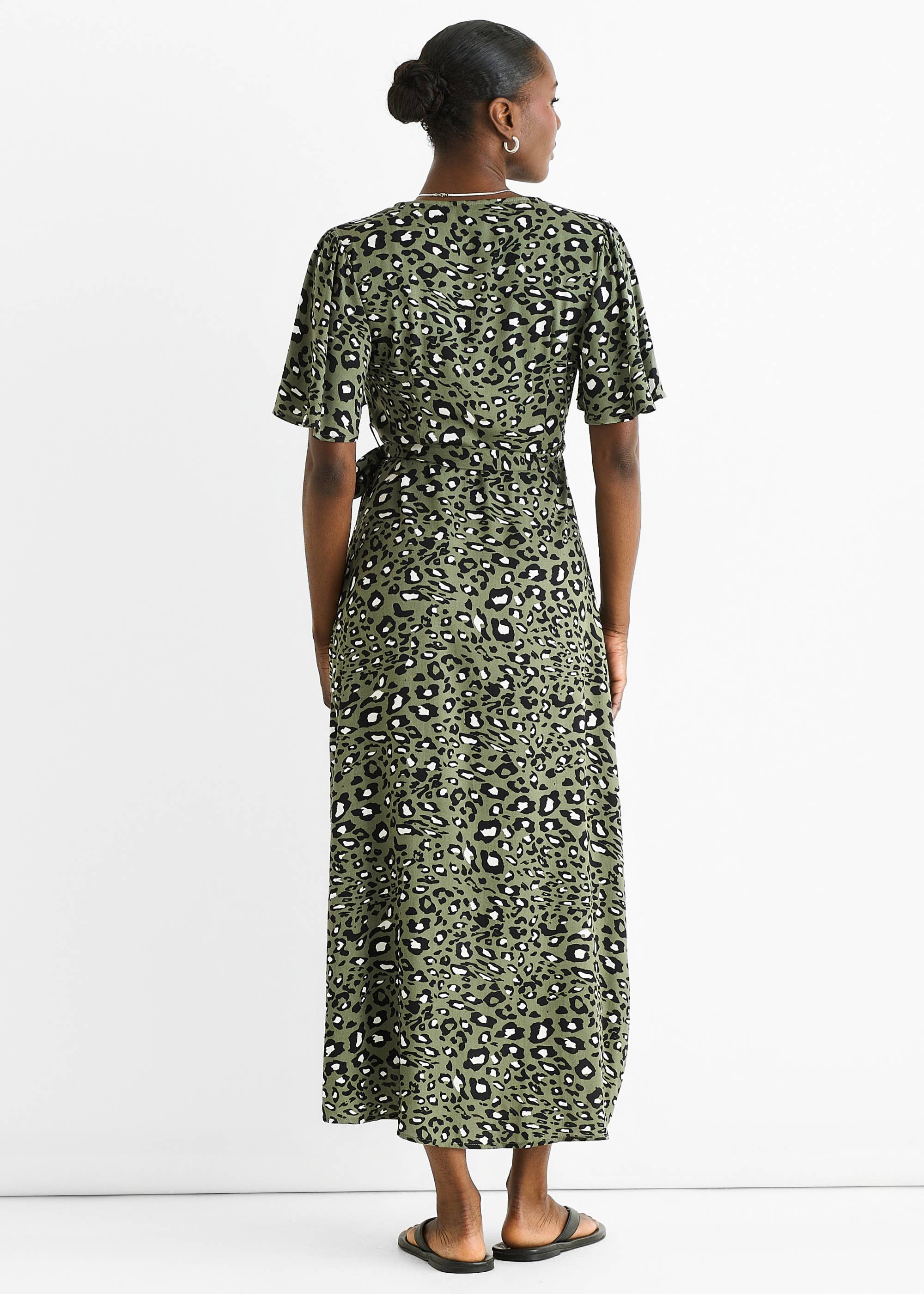 Khaki Animal Print Viscose Wrap Midi Dress