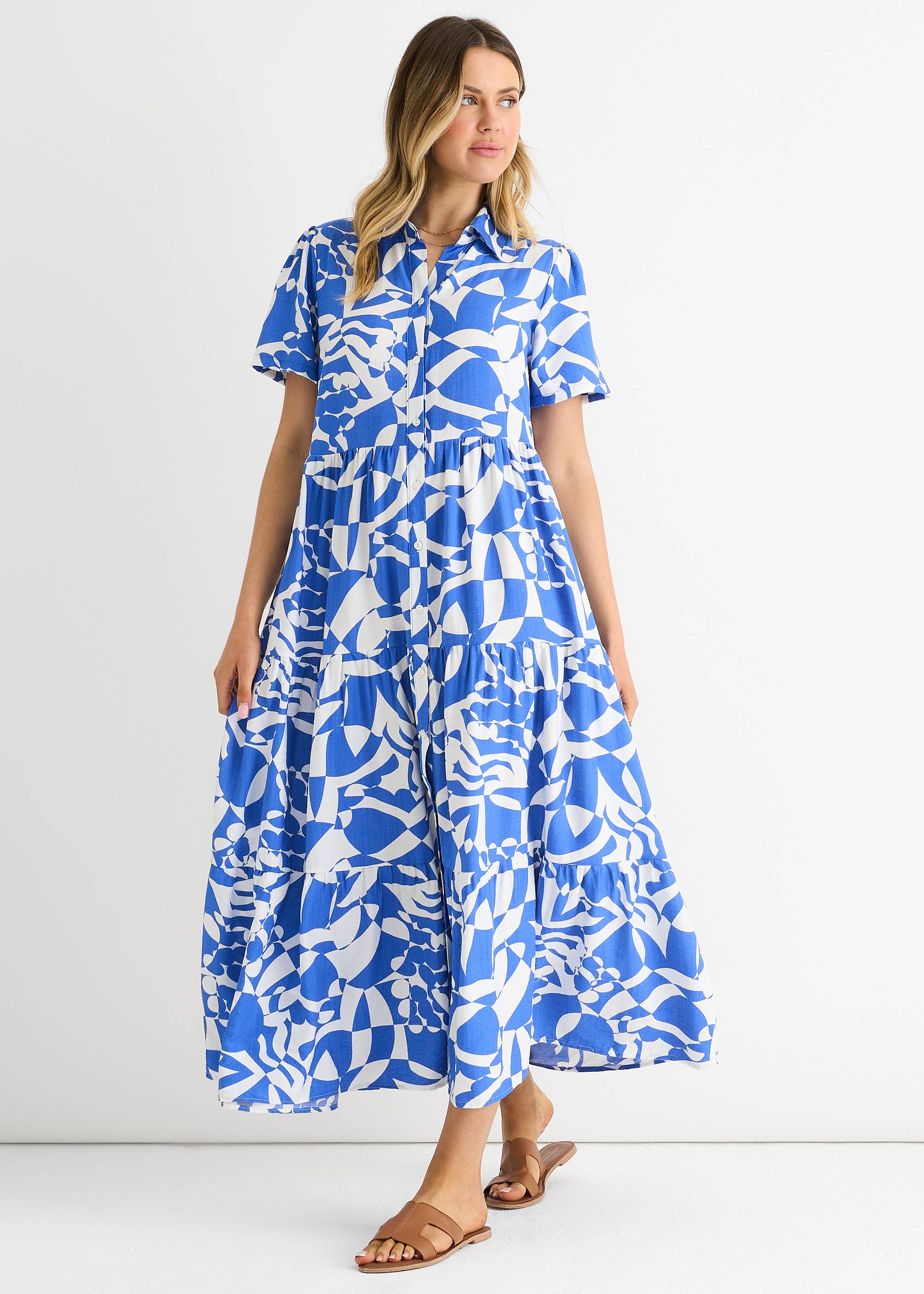 Blue Aztec Print Oversized Smock Midi Dress