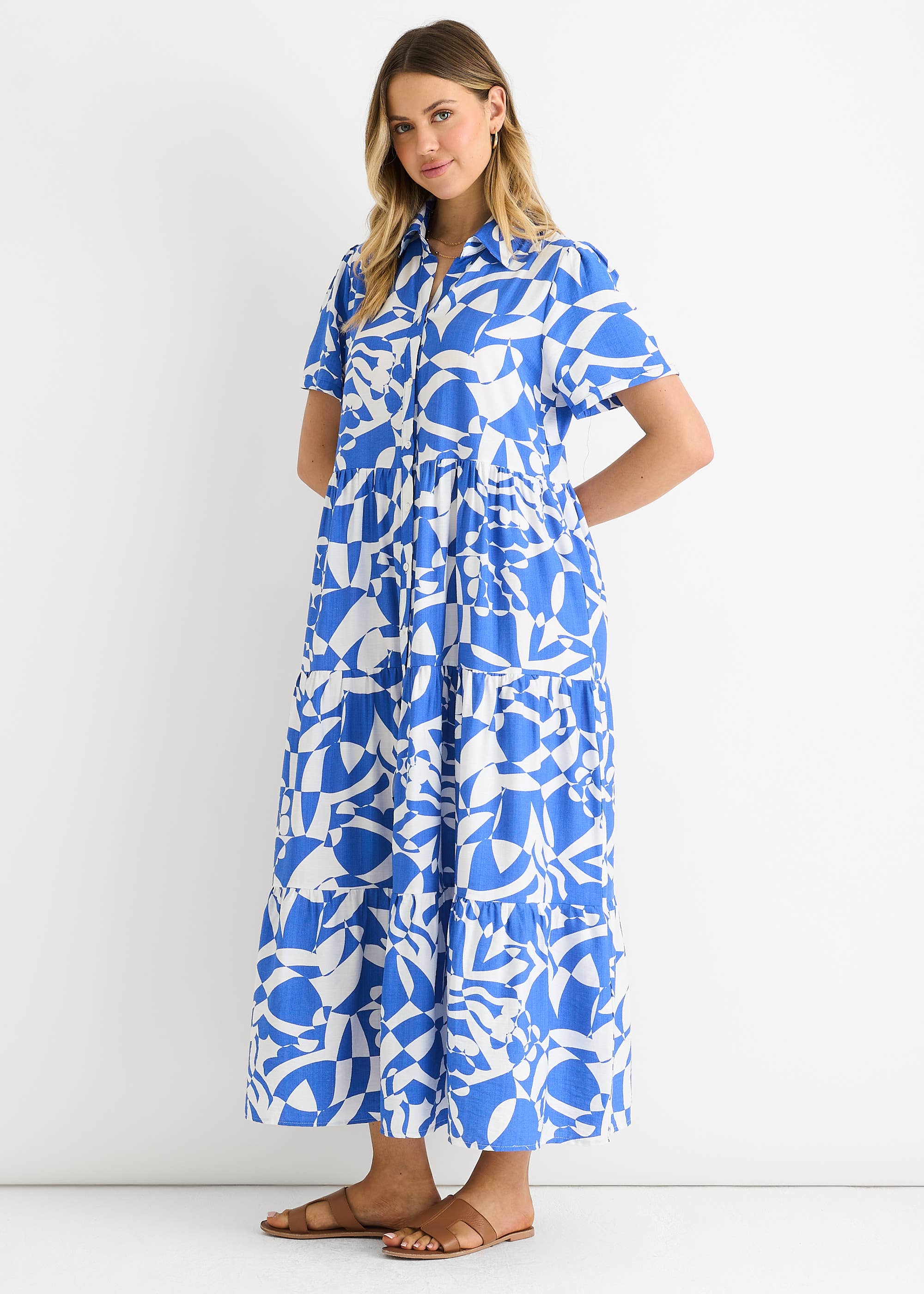 Blue Aztec Print Oversized Smock Midi Dress