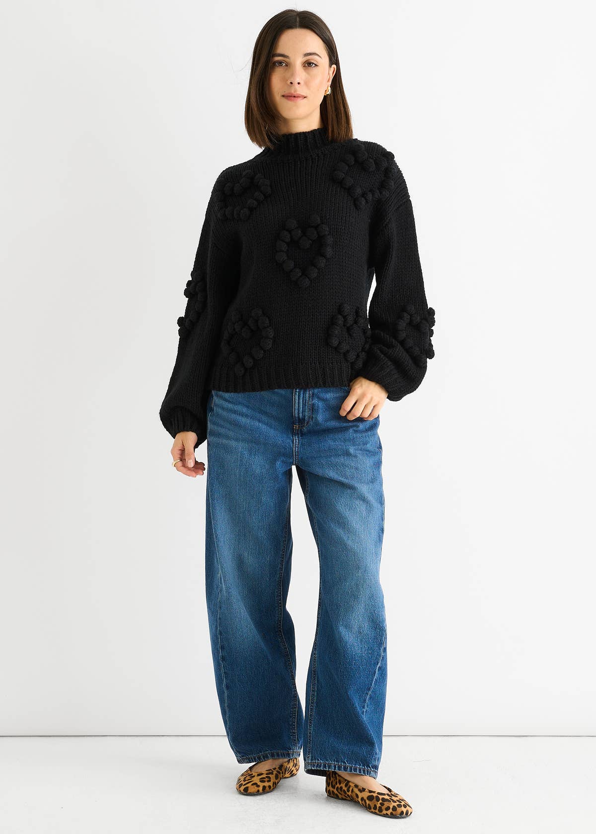 Black Heart Bubble Chunky Knit High Neck Jumper – View 1 | Gini London