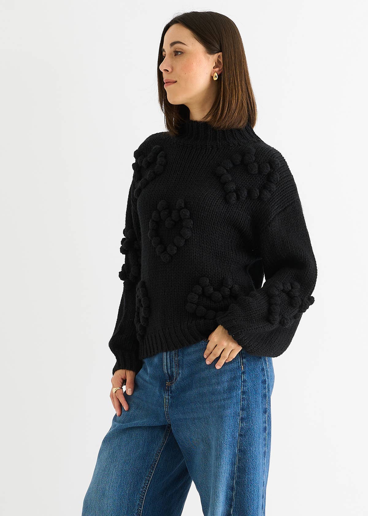 Black Heart Bubble Chunky Knit High Neck Jumper – View 4 | Gini London