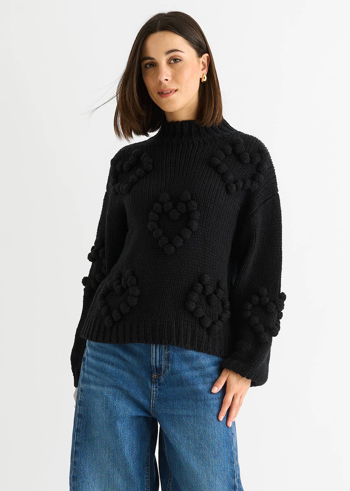 Black Heart Bubble Chunky Knit High Neck Jumper – View 3 | Gini London