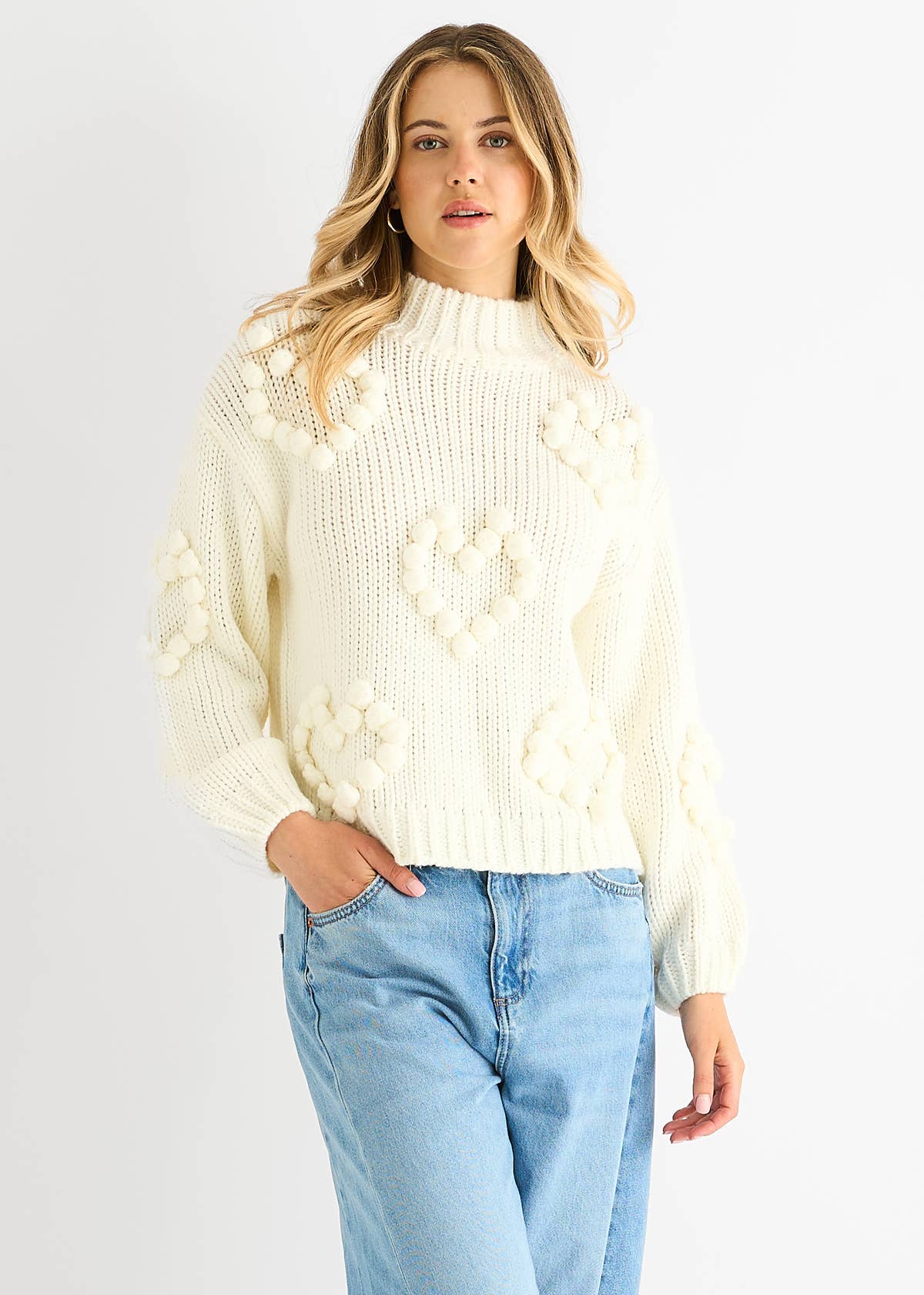 Cream Heart Bubble Chunky Knit High Neck Jumper – View 3 | Gini London