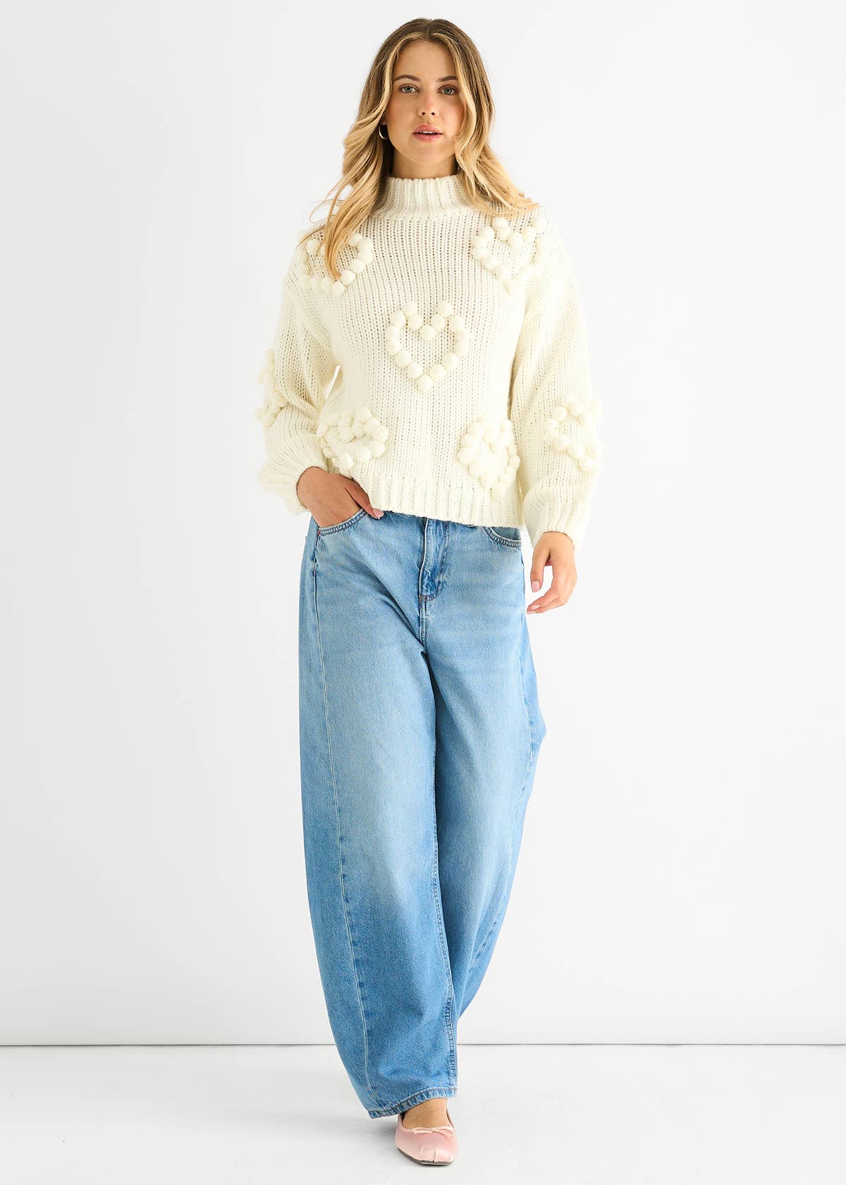 Cream Heart Bubble Chunky Knit High Neck Jumper – View 1 | Gini London