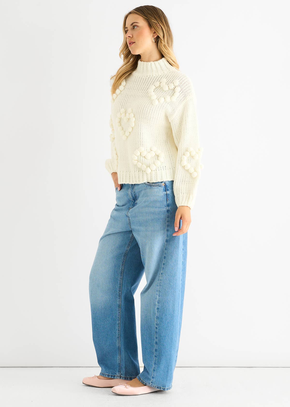 Cream Heart Bubble Chunky Knit High Neck Jumper – View 4 | Gini London
