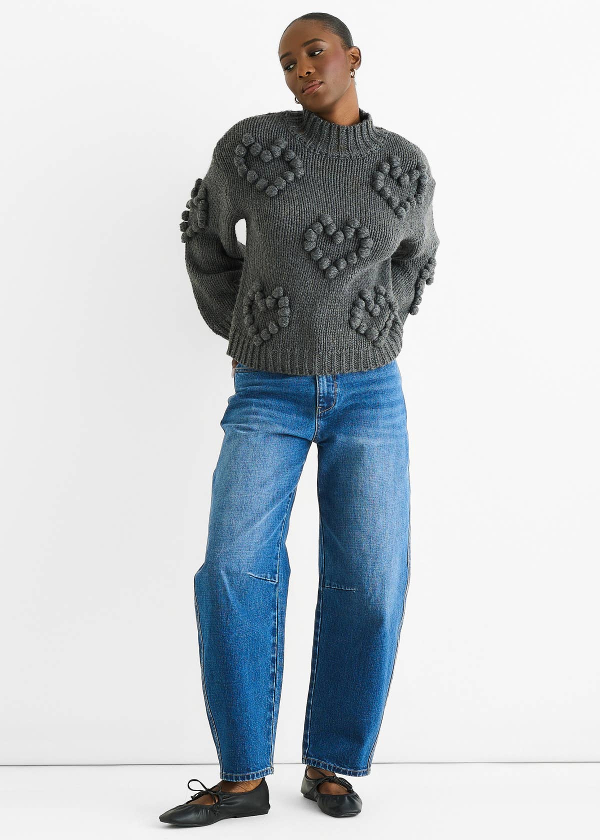 Dark Grey Heart Bubble Chunky Knit High Neck Jumper – View 1 | Gini London