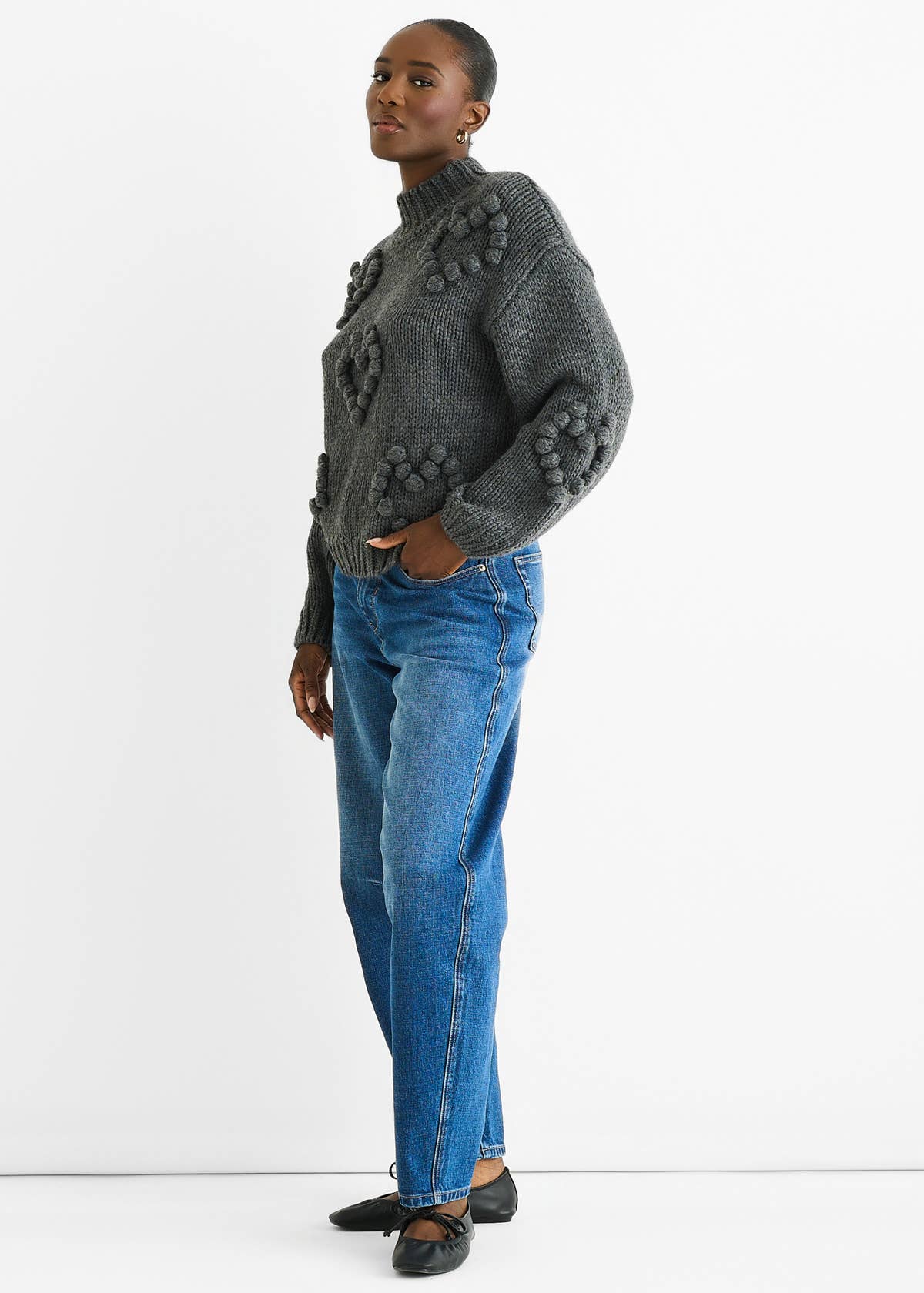 Dark Grey Heart Bubble Chunky Knit High Neck Jumper – View 4 | Gini London