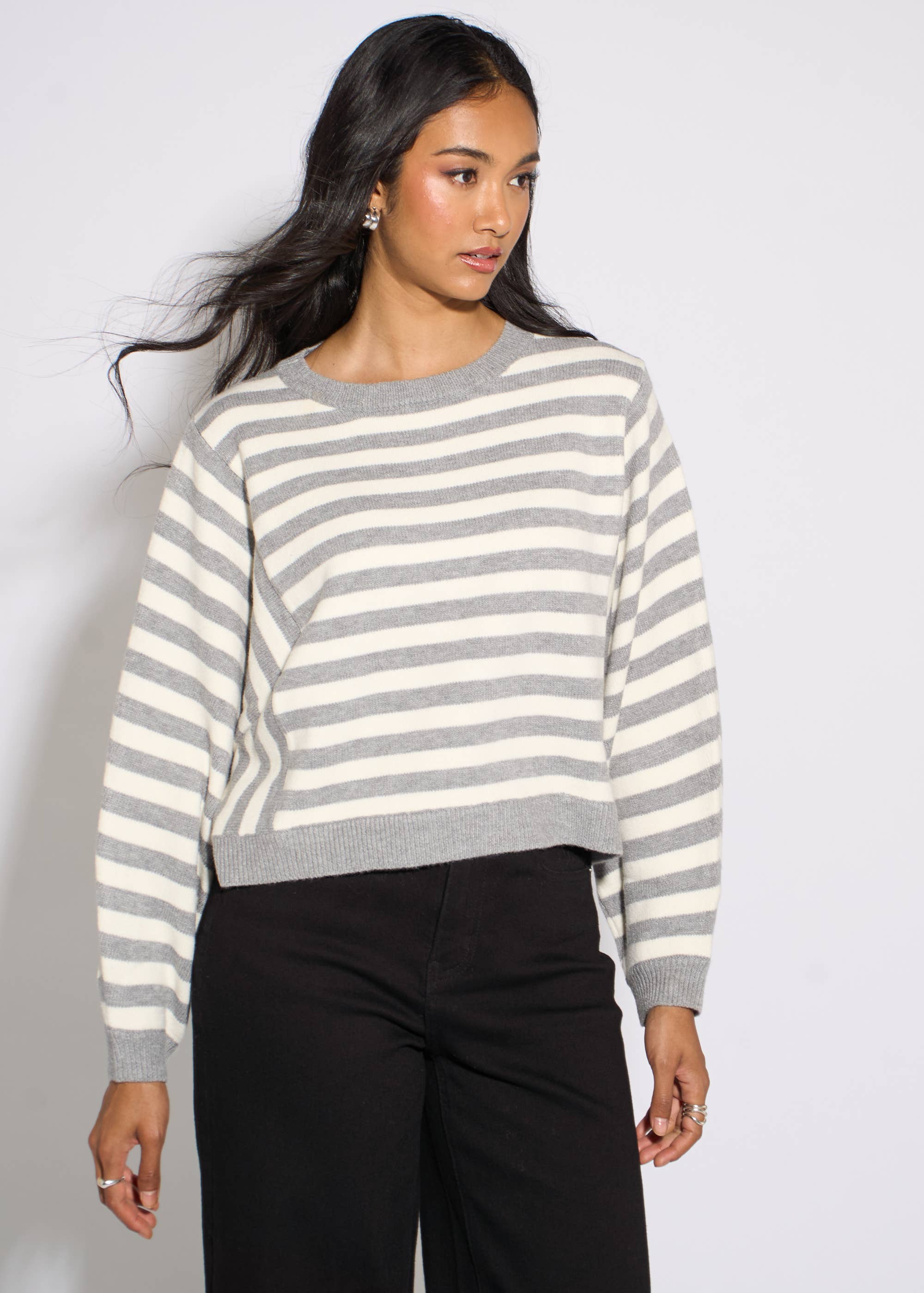 Grey Recycle Mix Contrast Stripe Loose Fit Knit Jumper