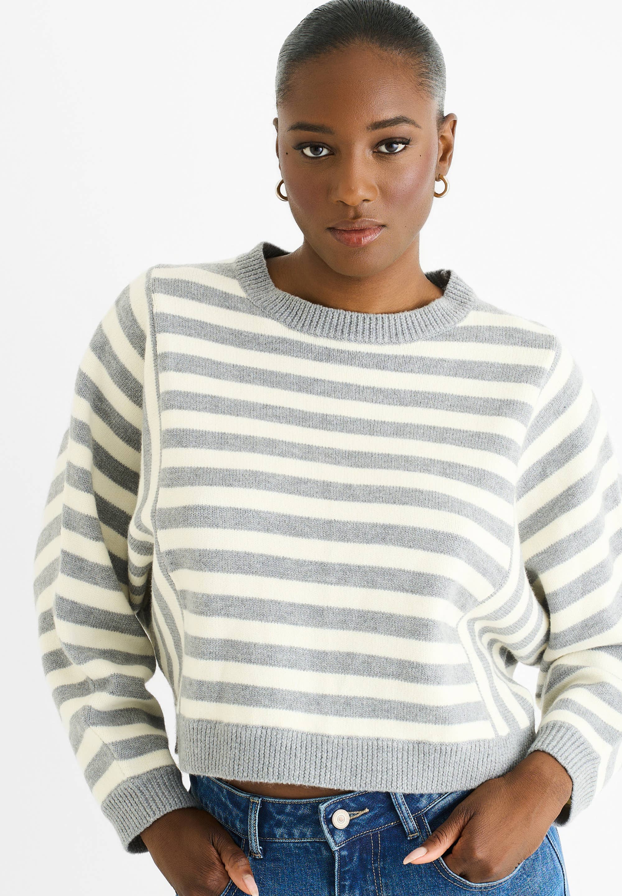 Grey Recycle Contrast Stripe Loose Fit Knit Jumper