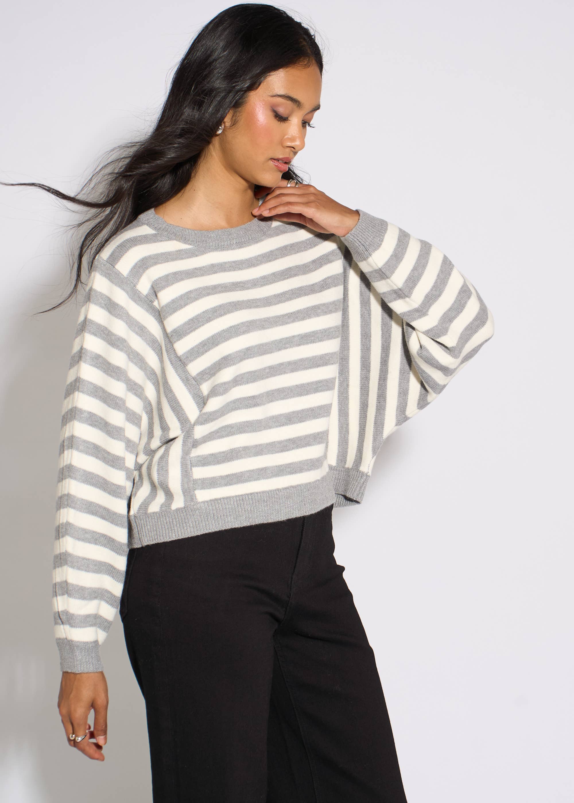 Grey Recycle Mix Contrast Stripe Loose Fit Knit Jumper