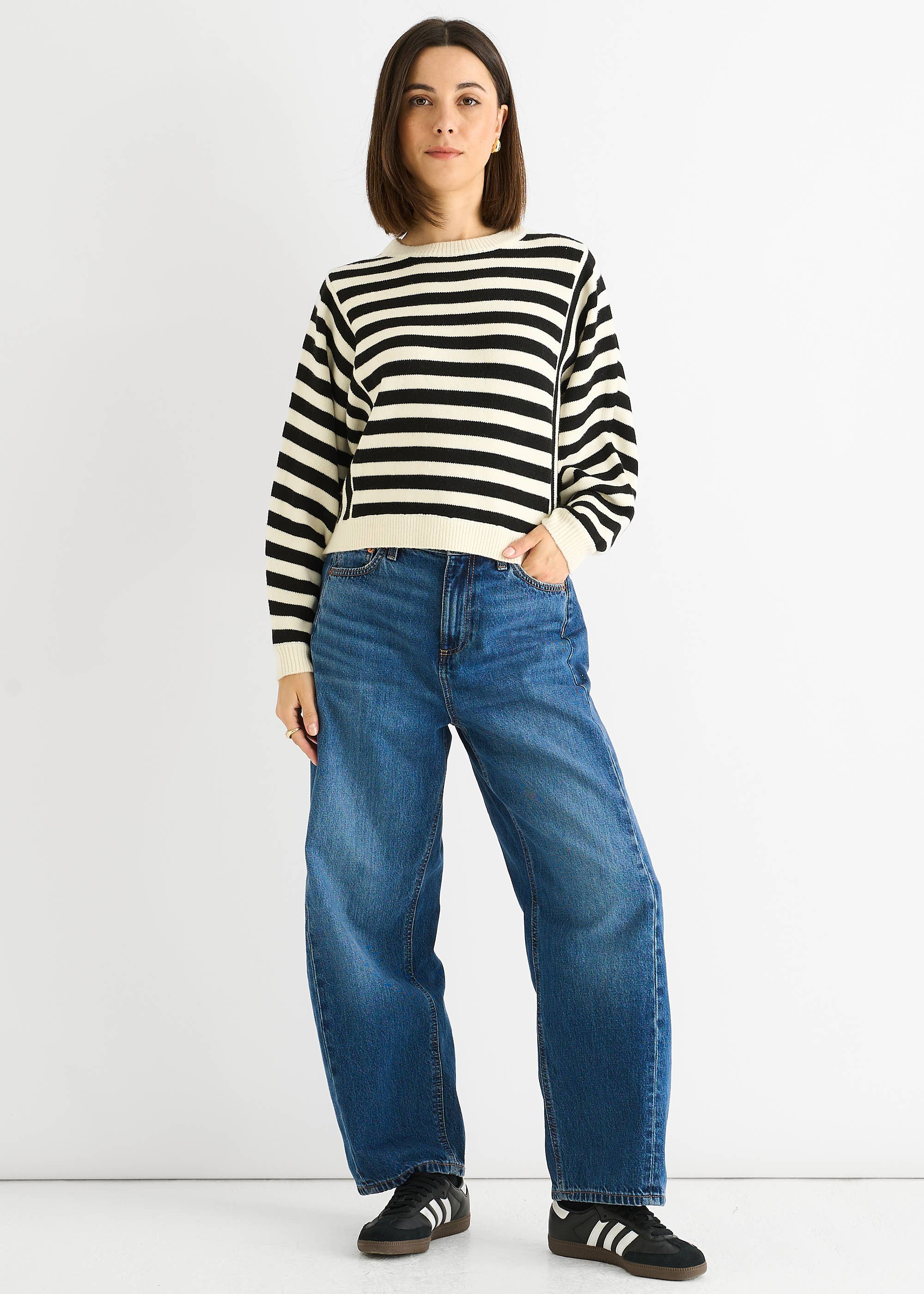 White Recycle Contrast Stripe Loose Fit Knit Jumper