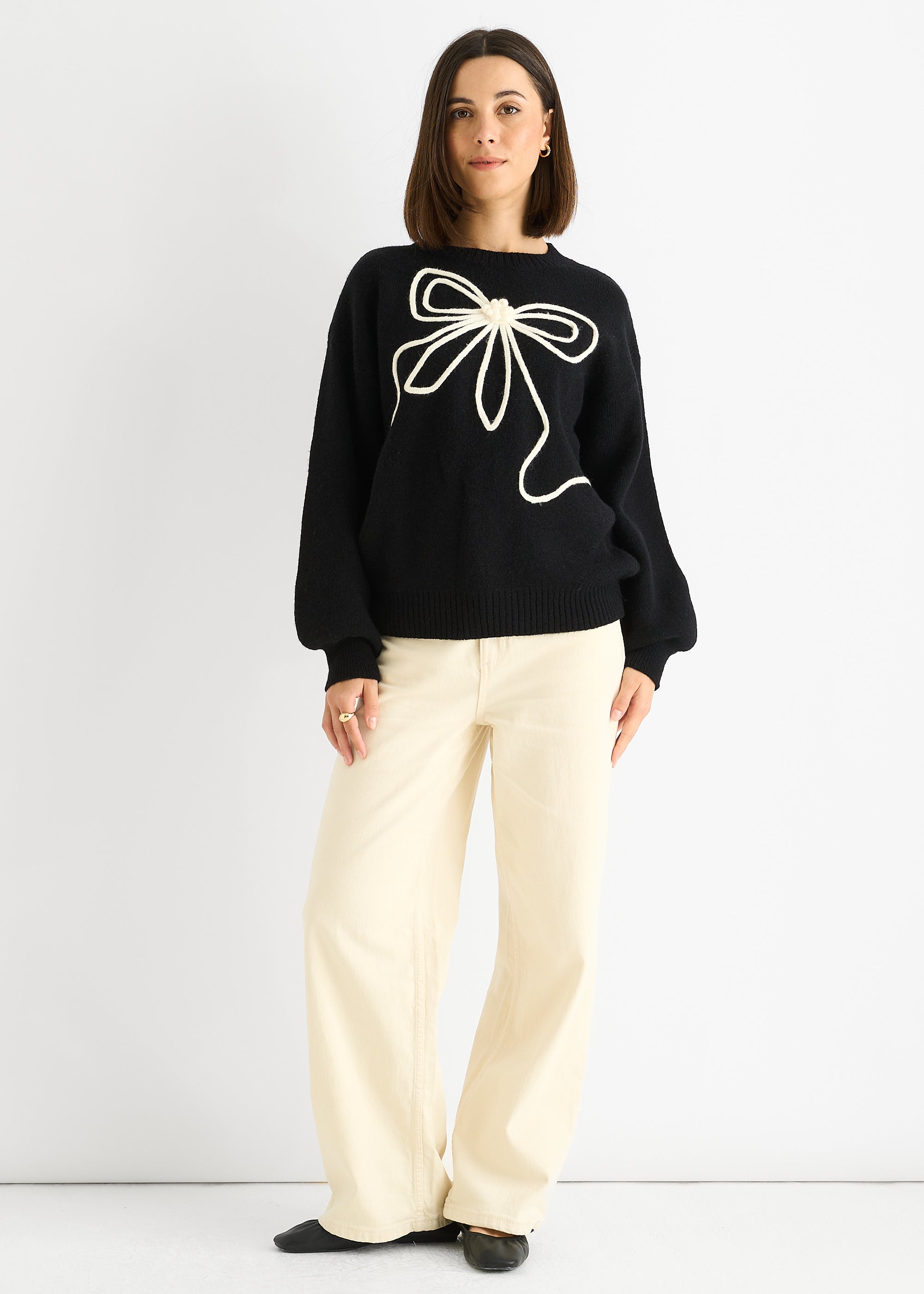 Black Contrast Bow pattern oversized Jumper