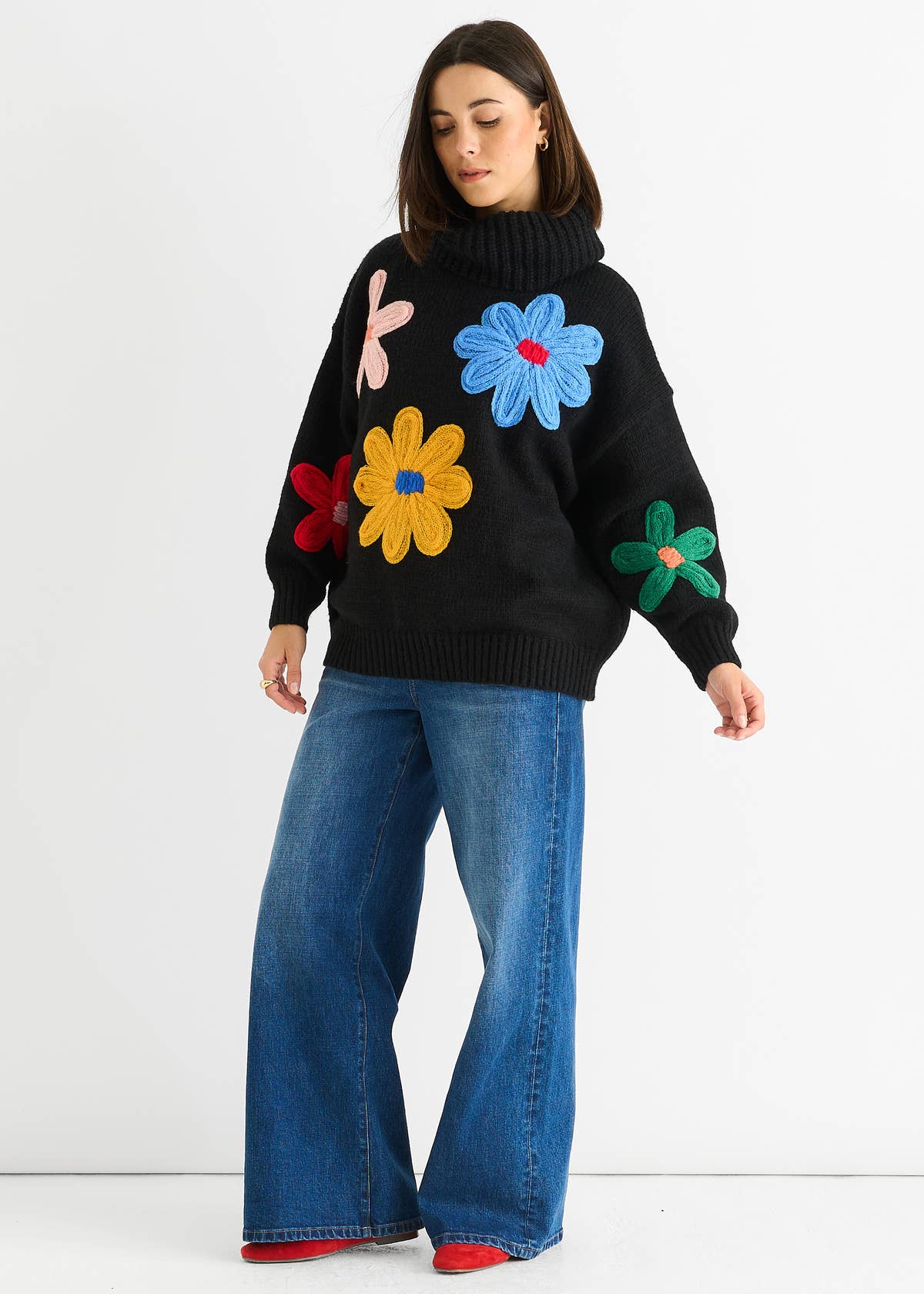 Black Floral Design High Neck Jumper – View 4 | Gini London