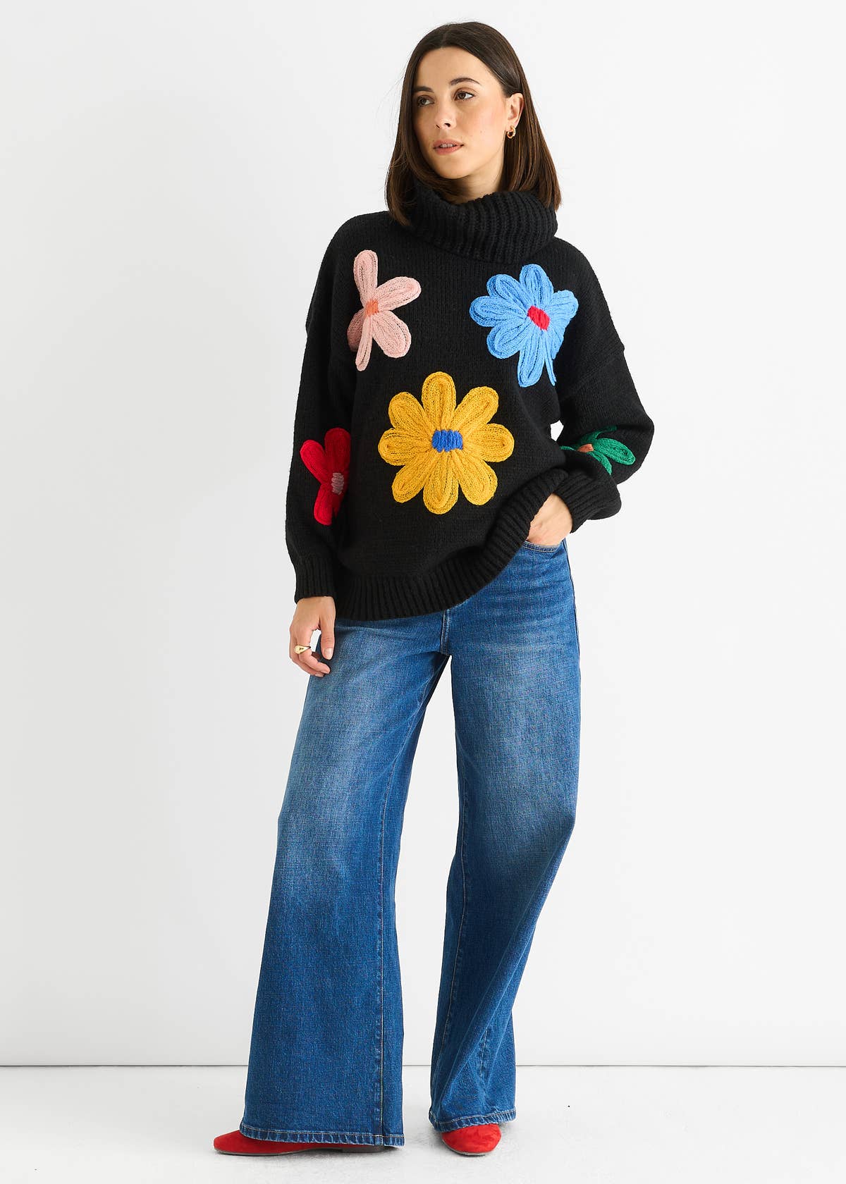 Black Floral Design High Neck Jumper – View 1 | Gini London