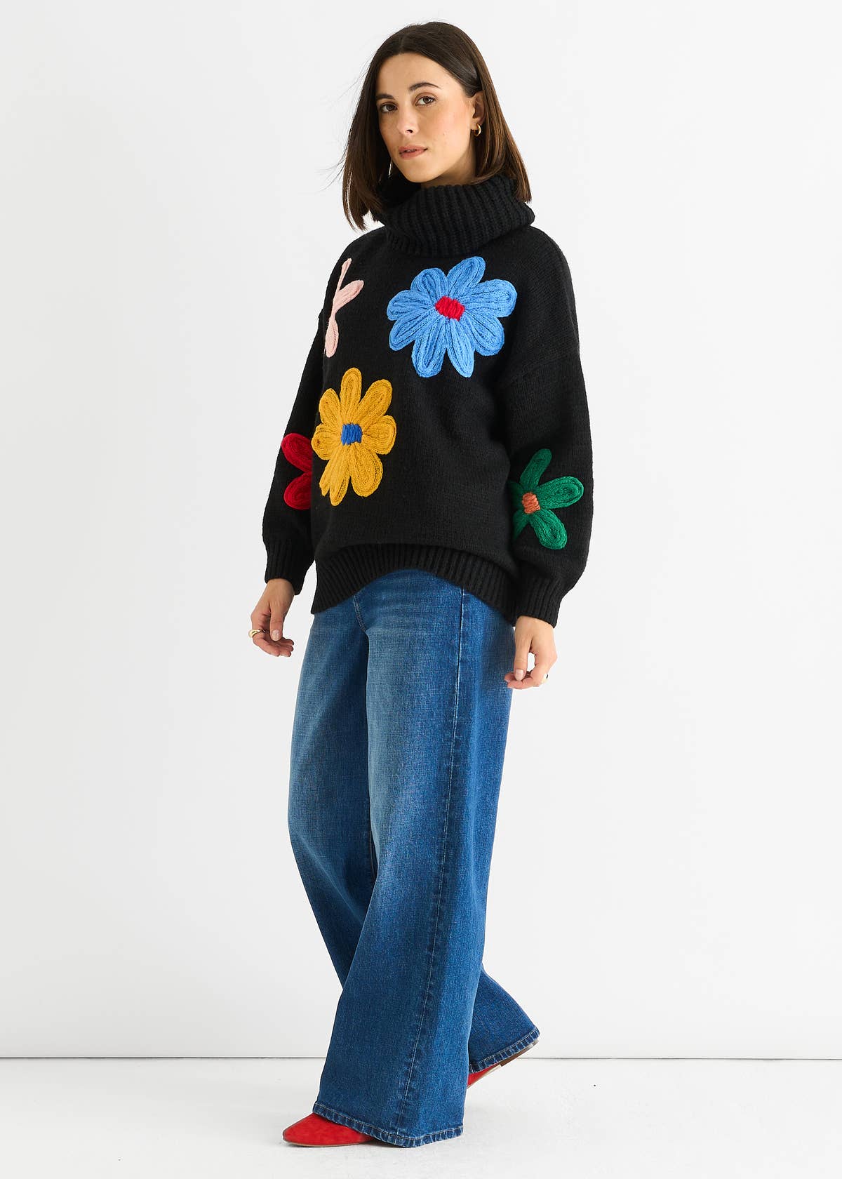 Black Floral Design High Neck Jumper – View 3 | Gini London