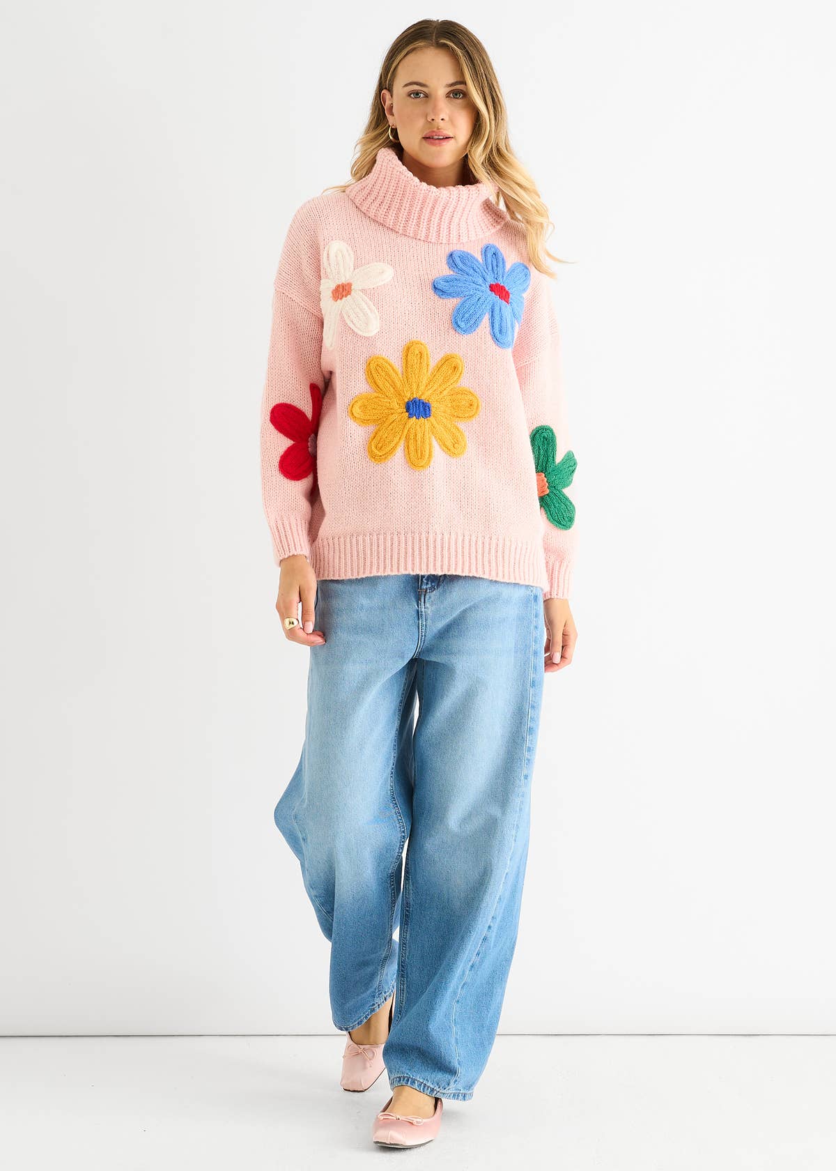Pink Floral Applique Oversized Jumper – View 1 | Gini London