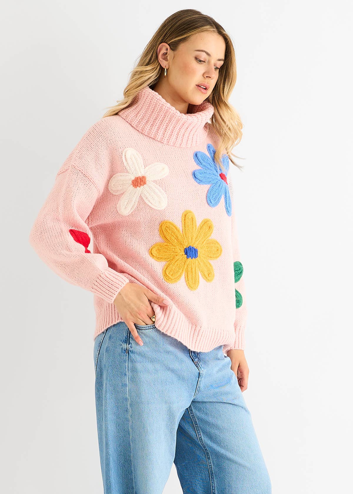 Pink Floral Applique Oversized Jumper – View 4 | Gini London