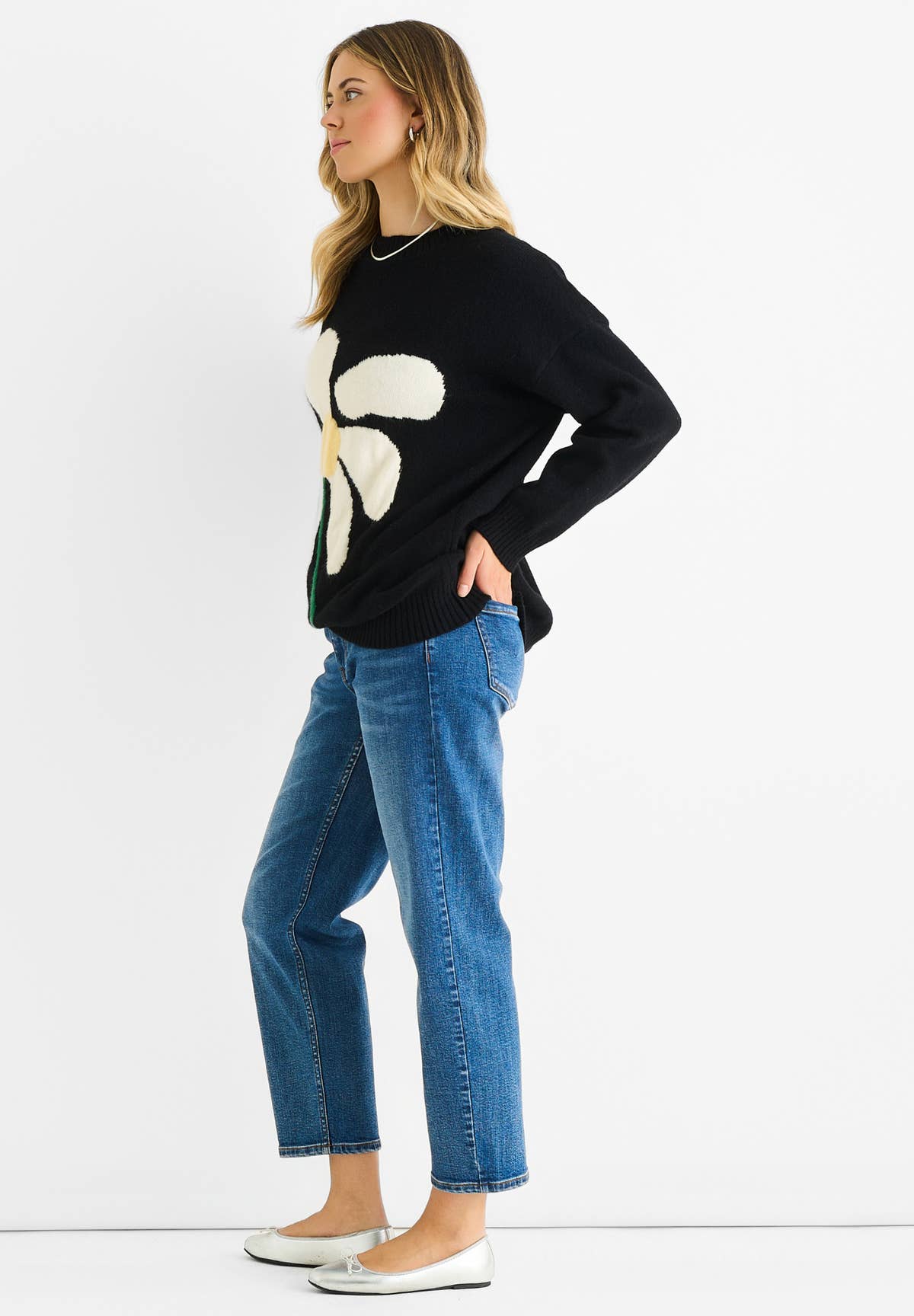 Black Paint Flower Knit Oversized Long Jumper – View 3 | Gini London