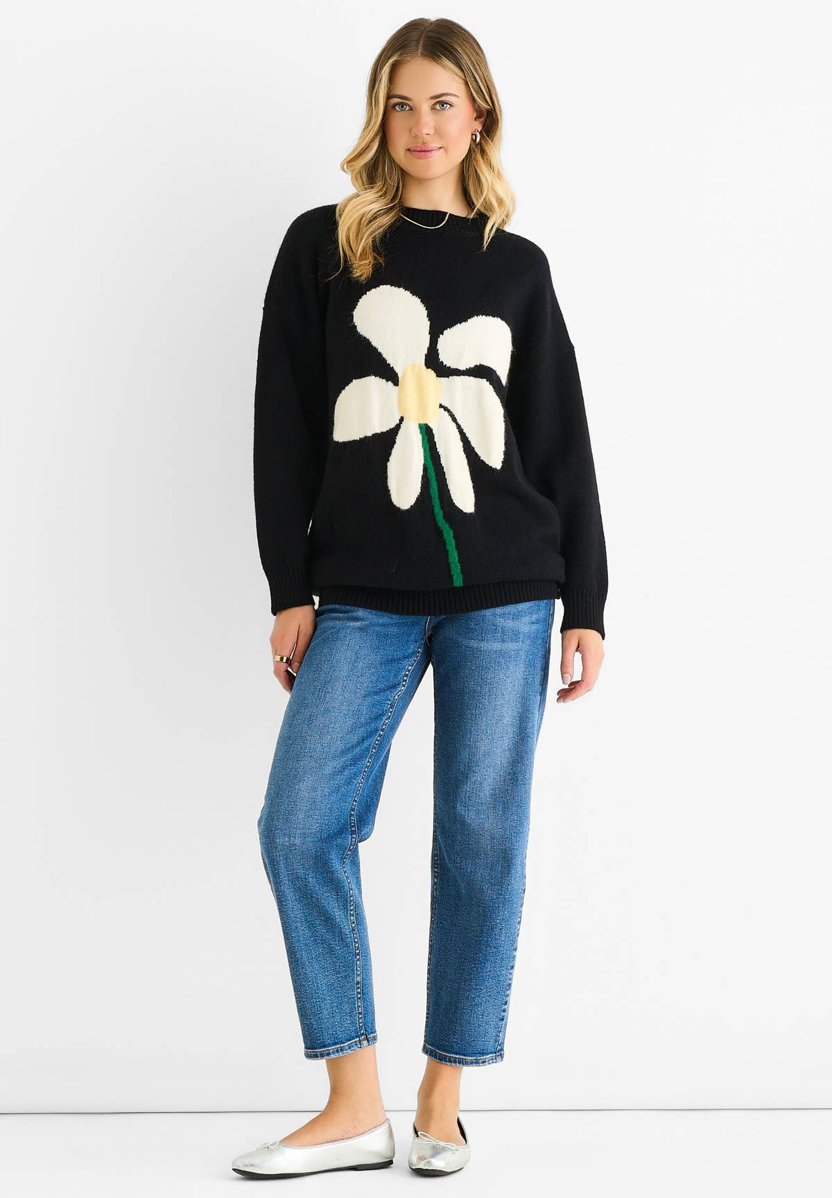 Black Paint Flower Knit Oversized Long Jumper – View 1 | Gini London