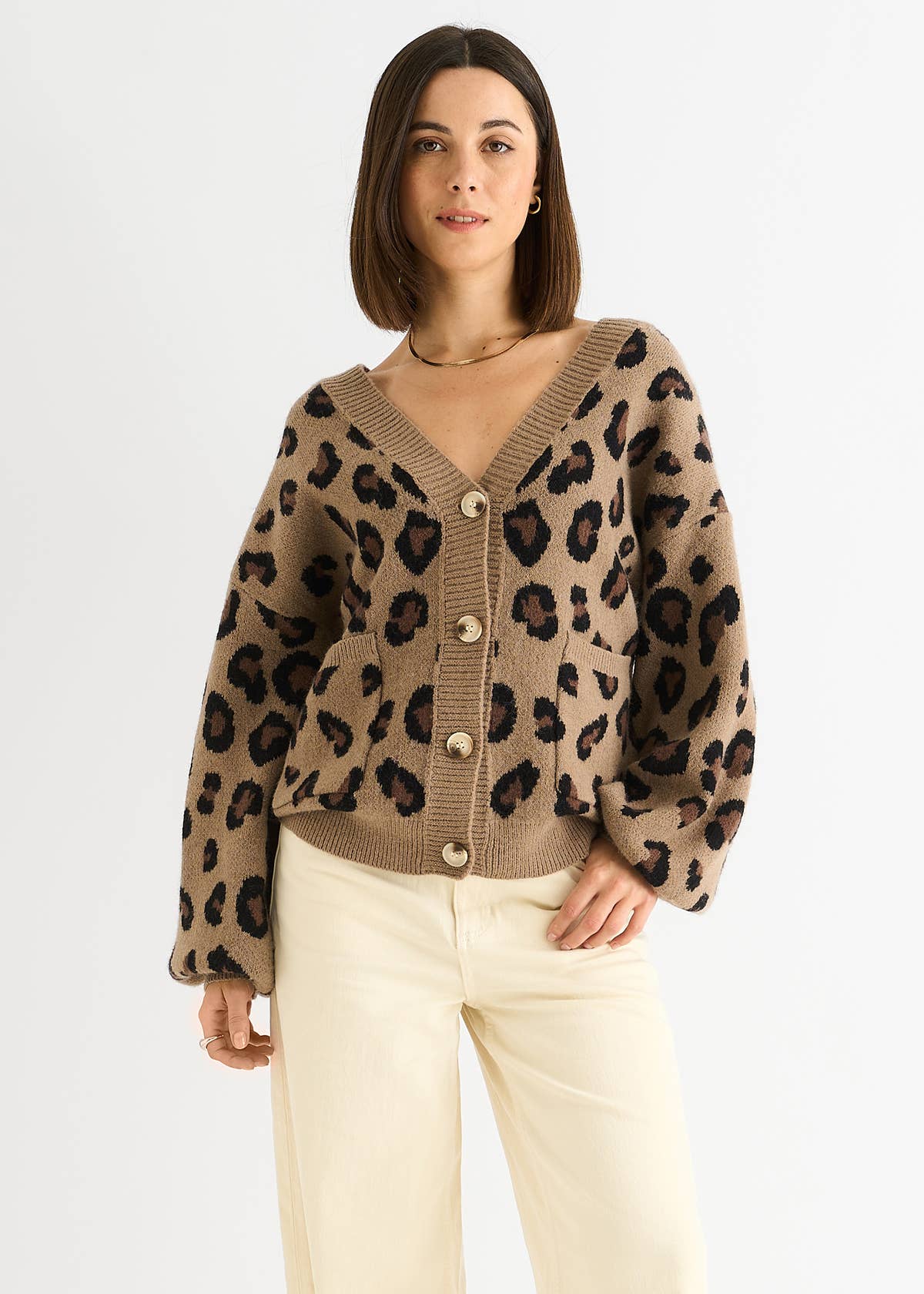 Camel Animal Print Knit Short Cardigan – View 1 | Gini London