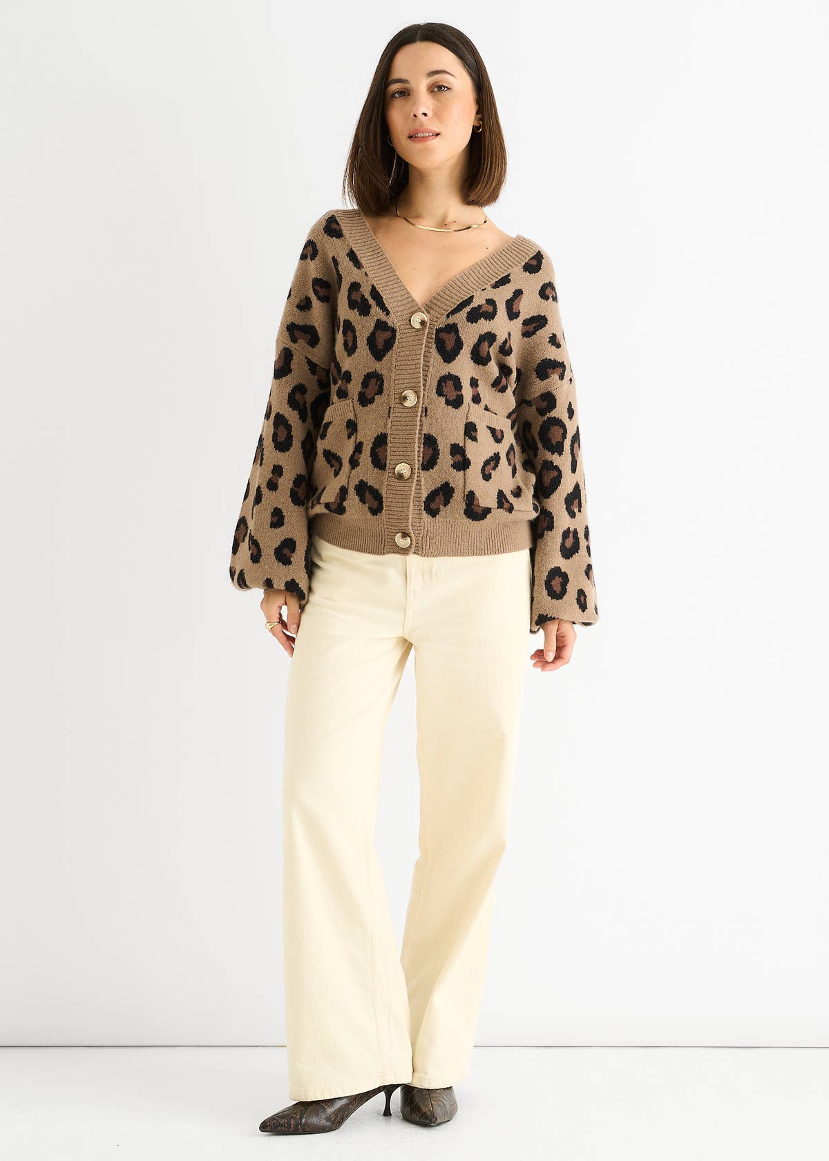 Camel Animal Print Knit Short Cardigan – View 2 | Gini London