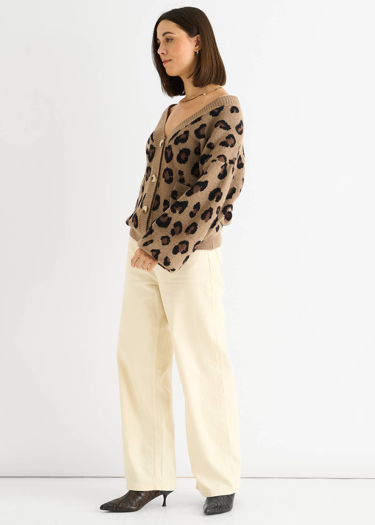 Camel Animal Print Knit Short Cardigan – View 3 | Gini London