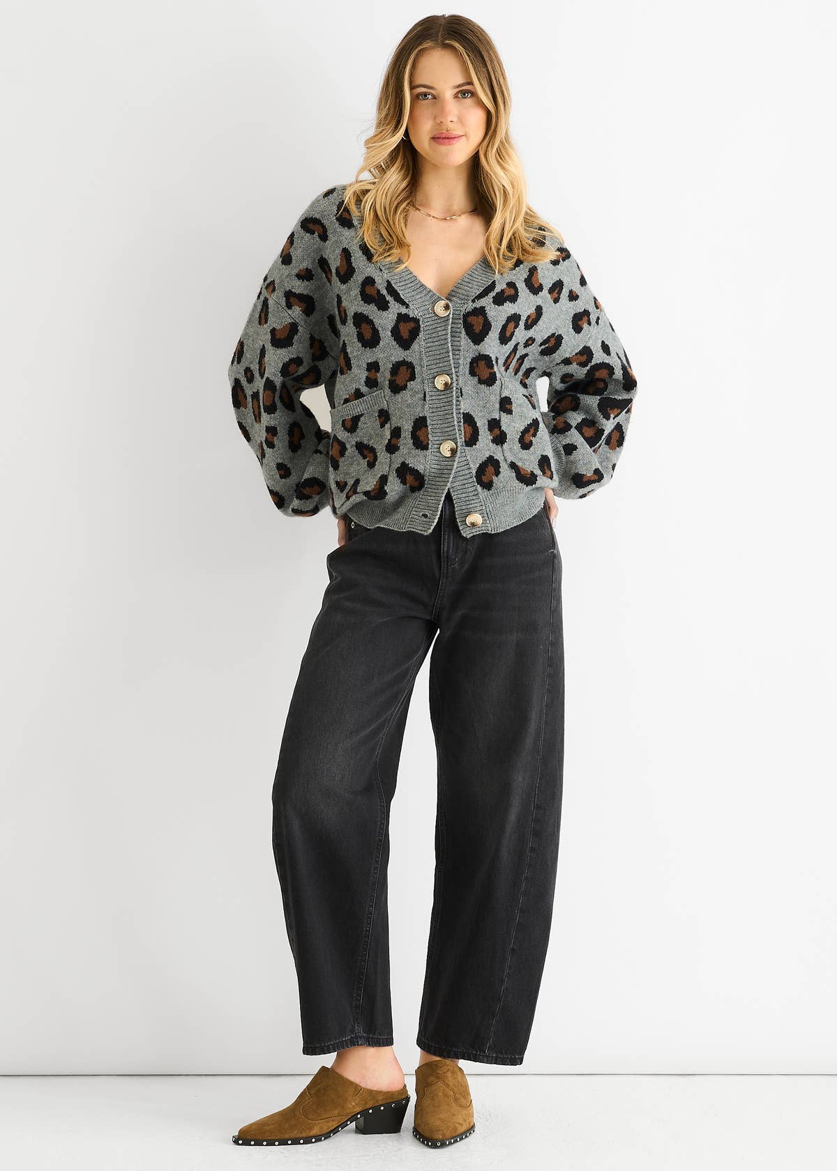 Grey Animal Print Knit Short Cardigan – View 1 | Gini London