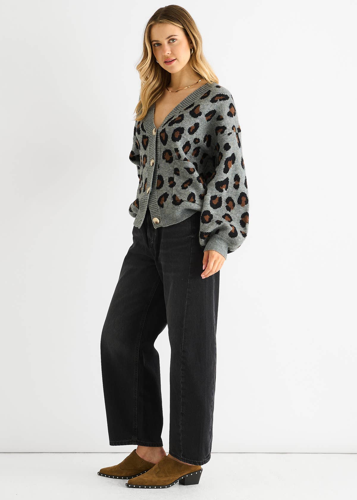 Grey Animal Print Knit Short Cardigan – View 3 | Gini London