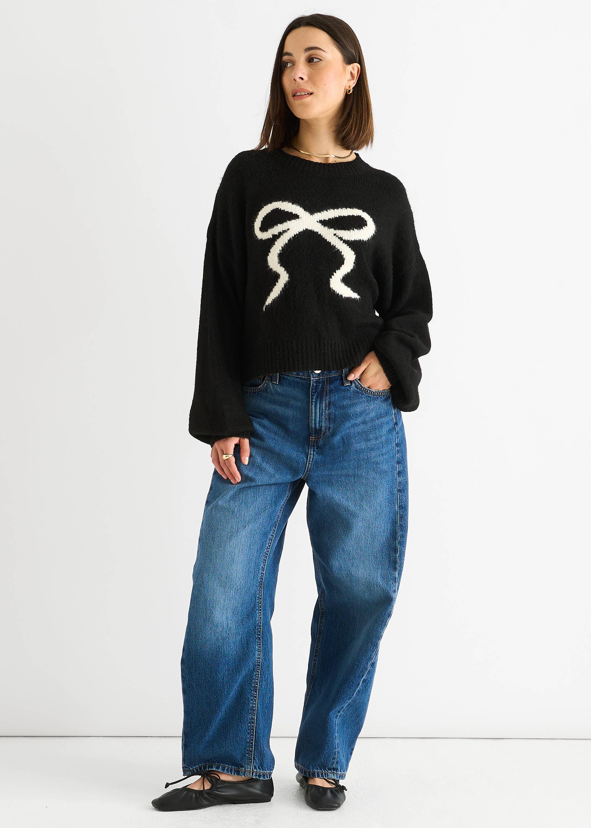 Black Embossed Contrast Bow Short Knit Jumper