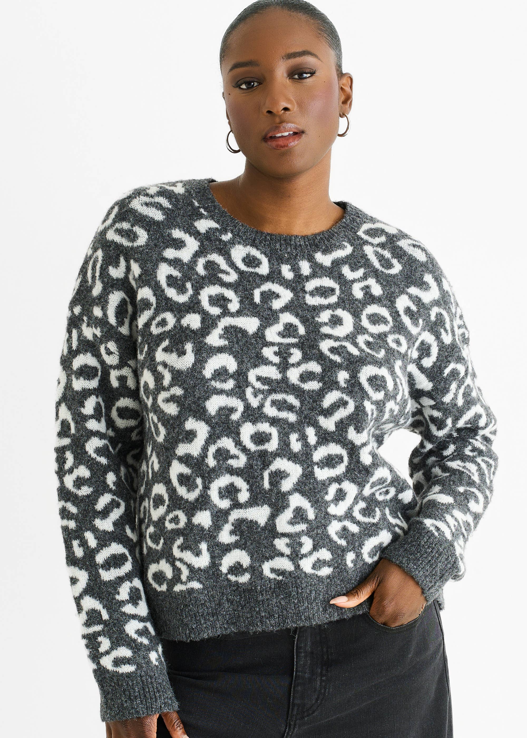 Grey Animal Pattern Loose Fit Knit Jumper