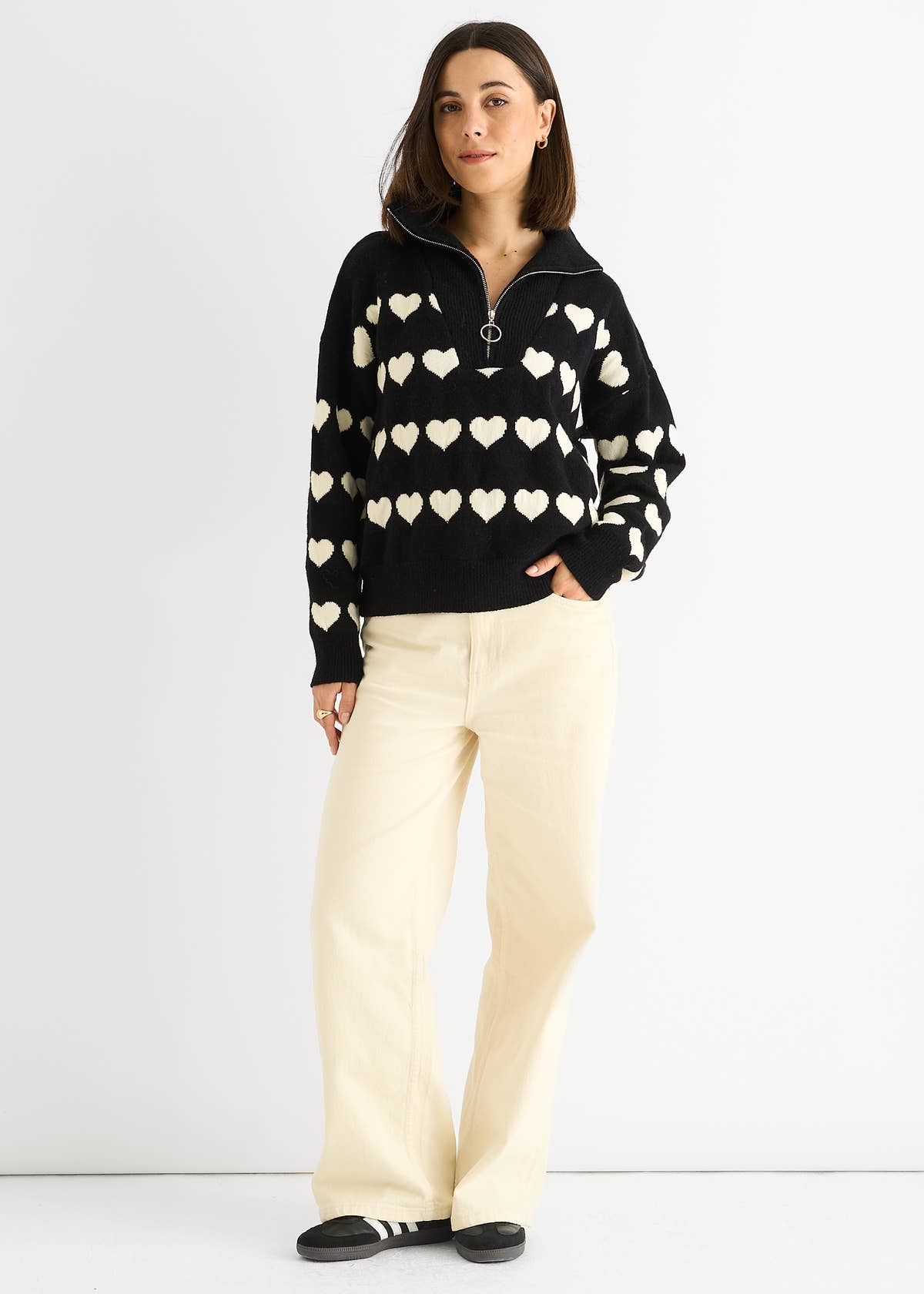 Black Heart Zip Up Loose Fit Knit Jumper – View 1 | Gini London