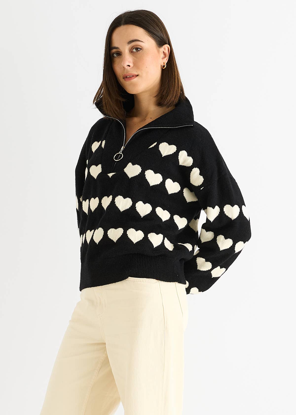 Black Heart Zip Up Loose Fit Knit Jumper – View 3 | Gini London
