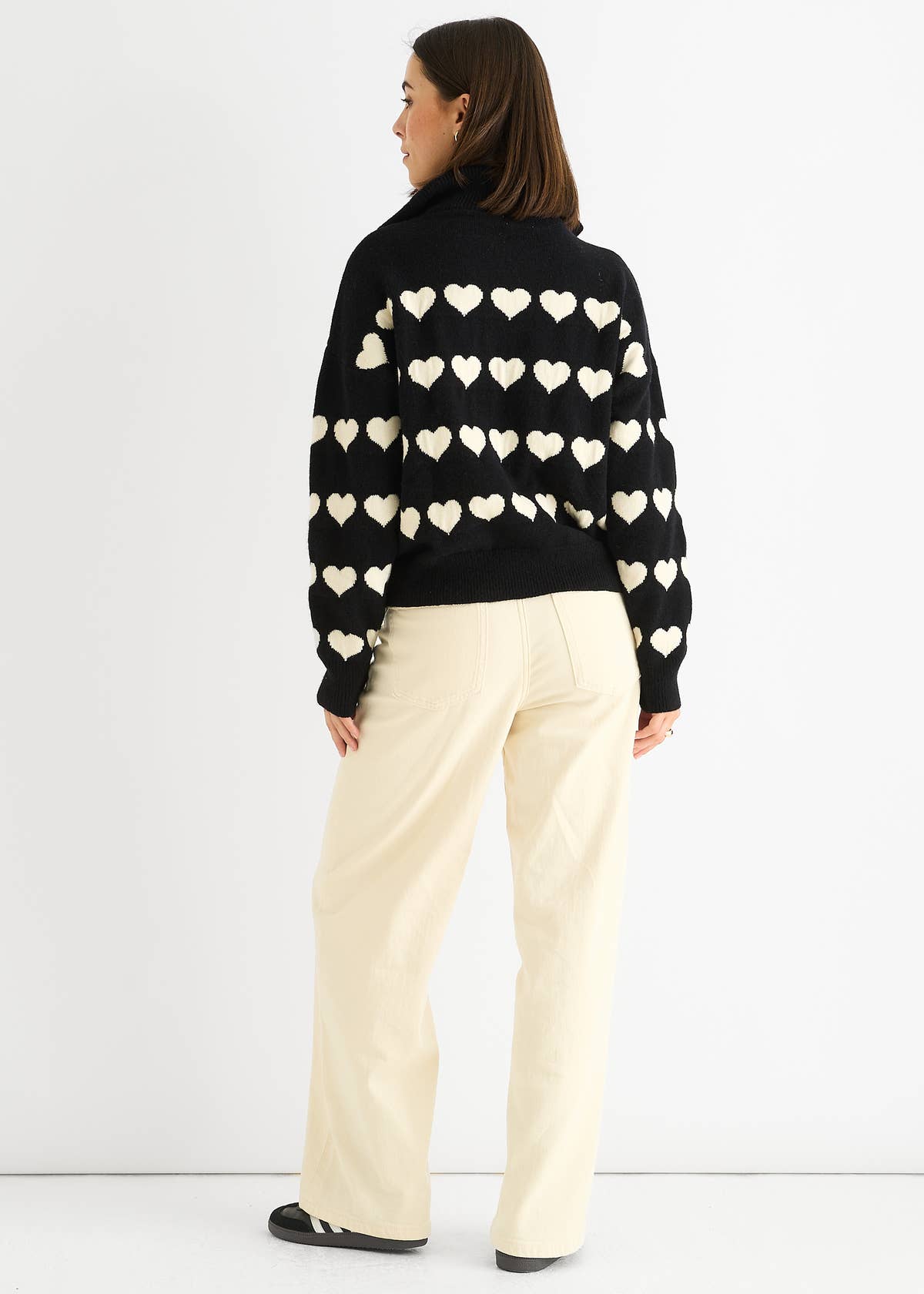 Black Heart Zip Up Loose Fit Knit Jumper – View 2 | Gini London