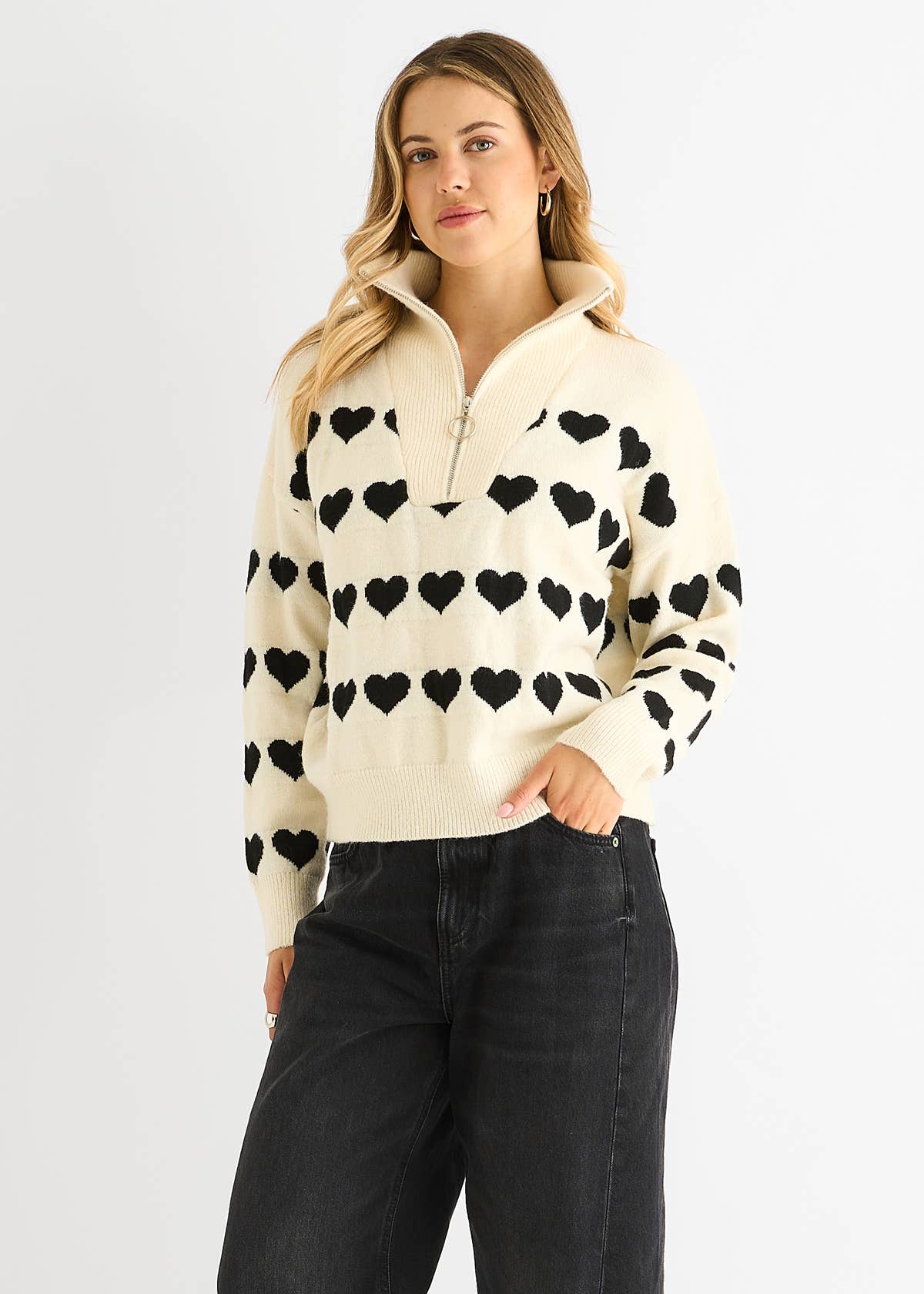 Cream Heart Zip Up Loose Fit Knit Jumper – View 7 | Gini London