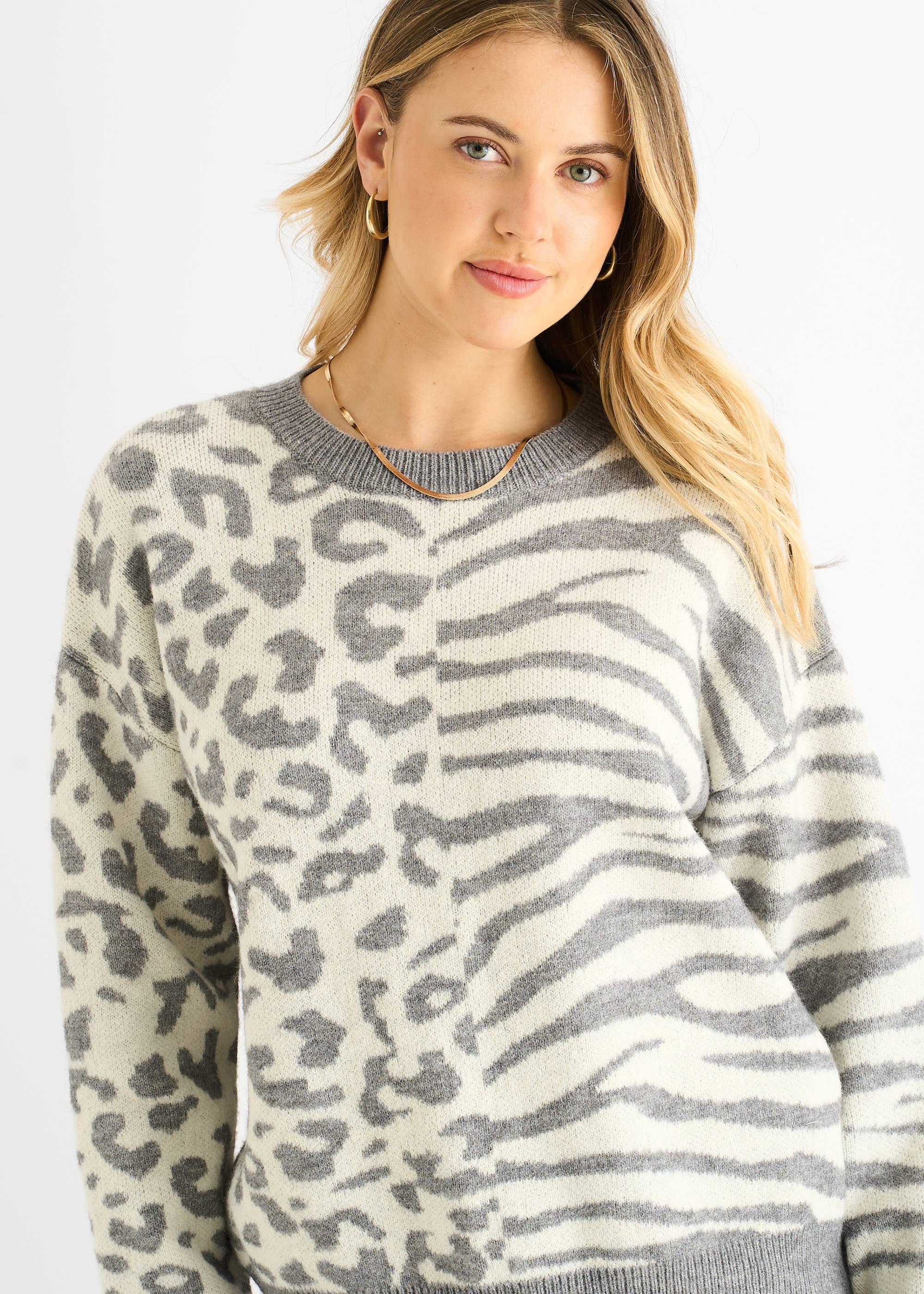 Grey Contrast Zebra Animal Knit Jumper
