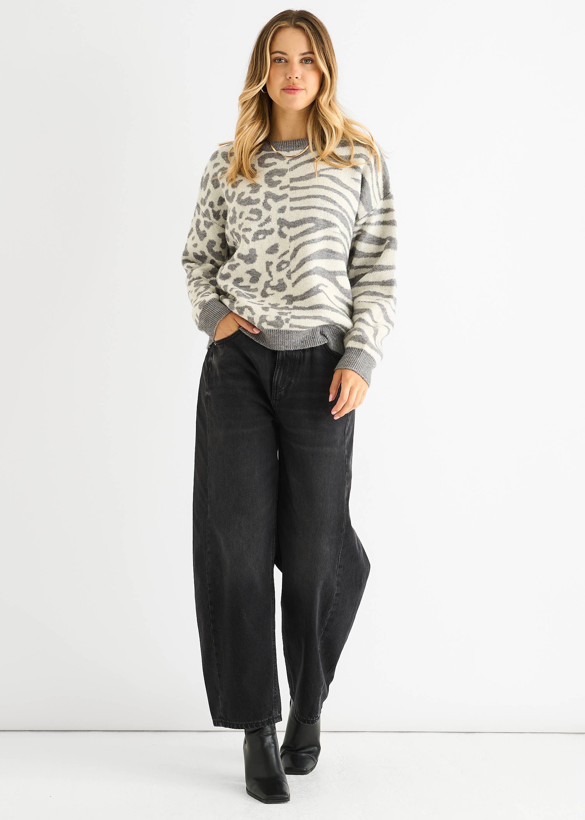 Grey Contrast Zebra Animal Knit Jumper