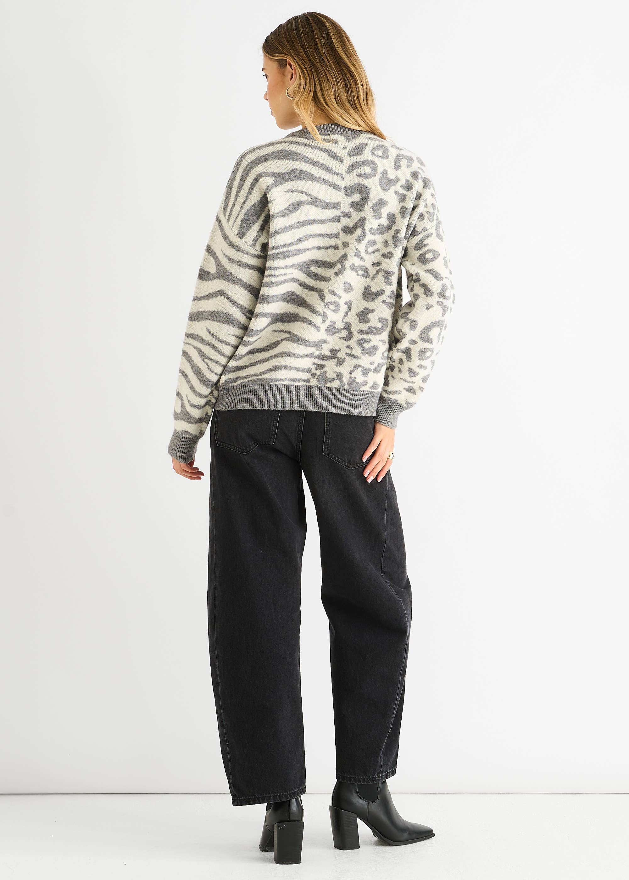 Grey Contrast Zebra Animal Knit Jumper