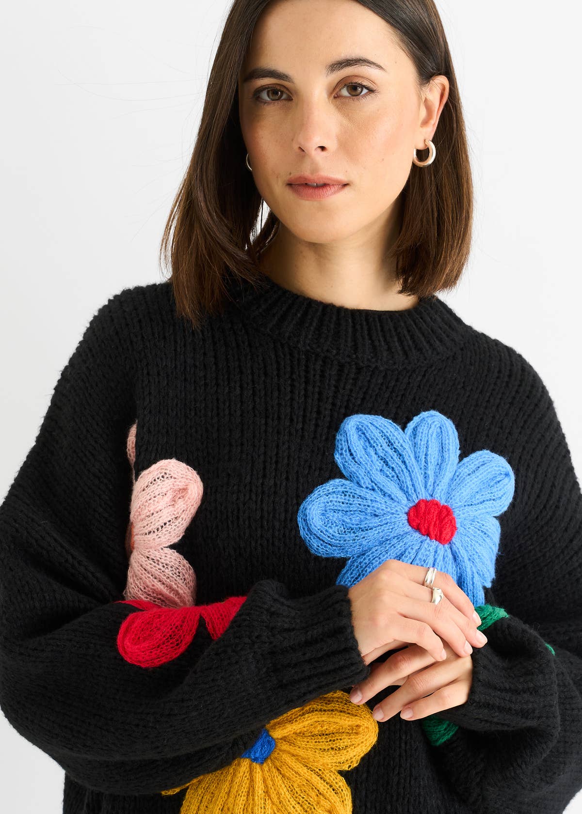 Black Floral Crochet Chunky Knit Oversized Jumper – View 6 | Gini London