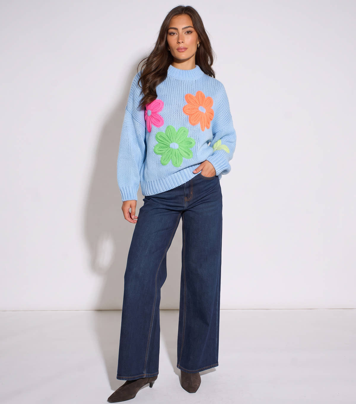 Blue Floral Crochet Chunky Knit Oversized Jumper