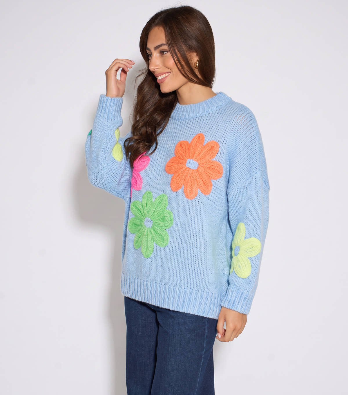 Blue Floral Crochet Chunky Knit Oversized Jumper