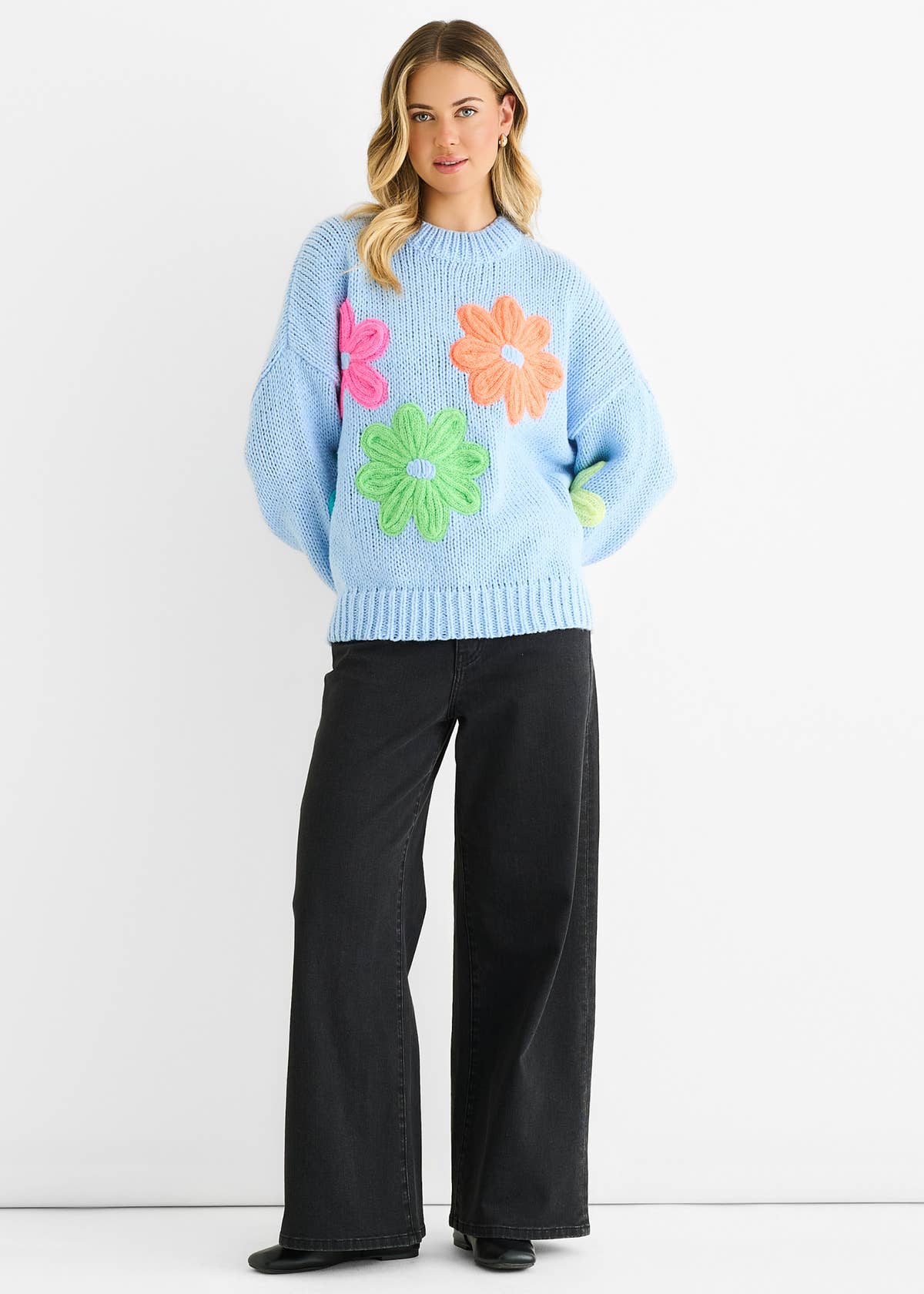 Blue Floral Crochet Chunky Knit Oversized Jumper – View 2 | Gini London