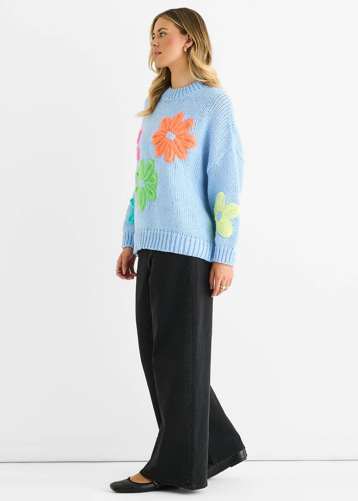 Blue Floral Crochet Chunky Knit Oversized Jumper – View 3 | Gini London