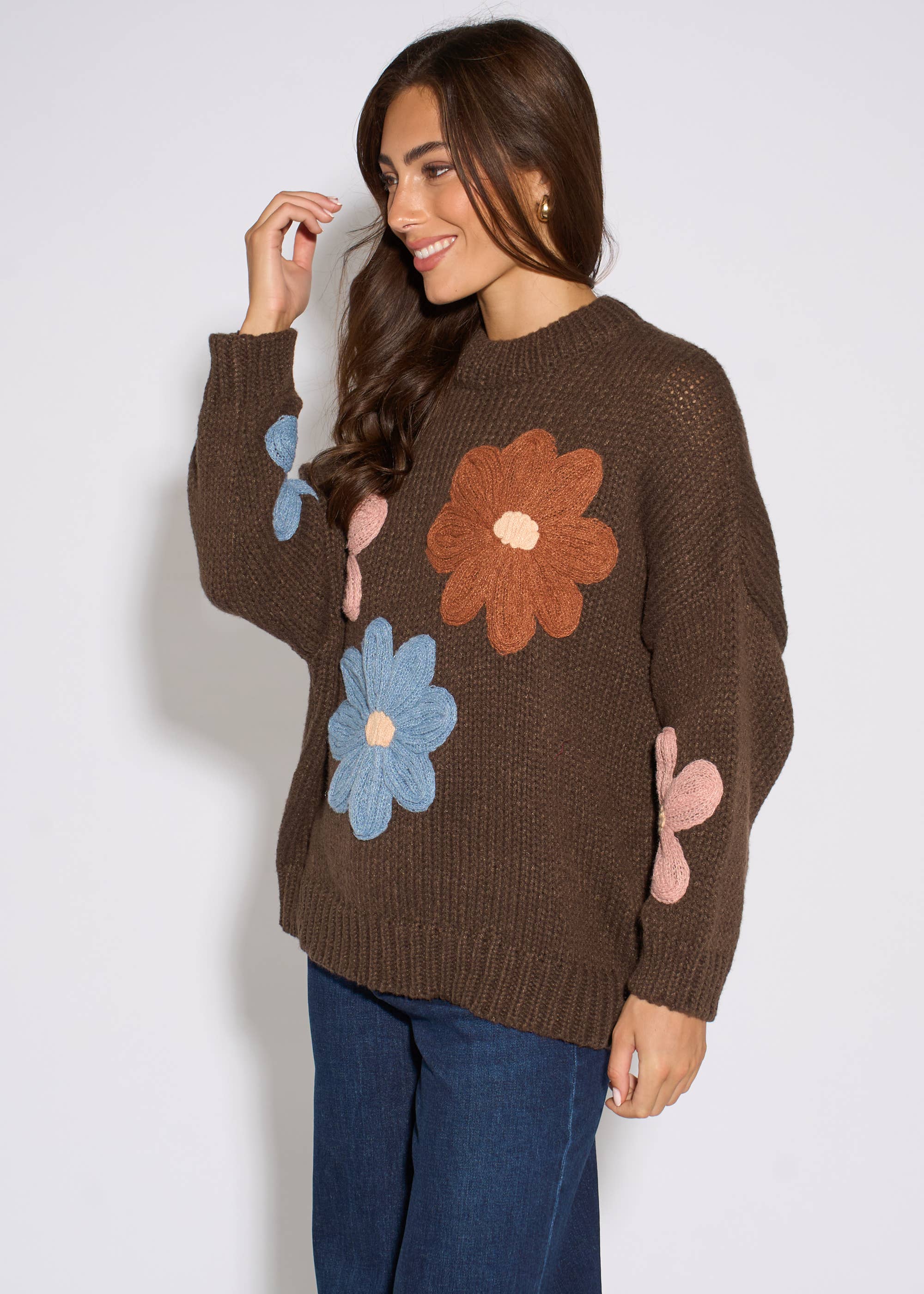 Brown 3D Floral Turtle Neck Knit Jumper