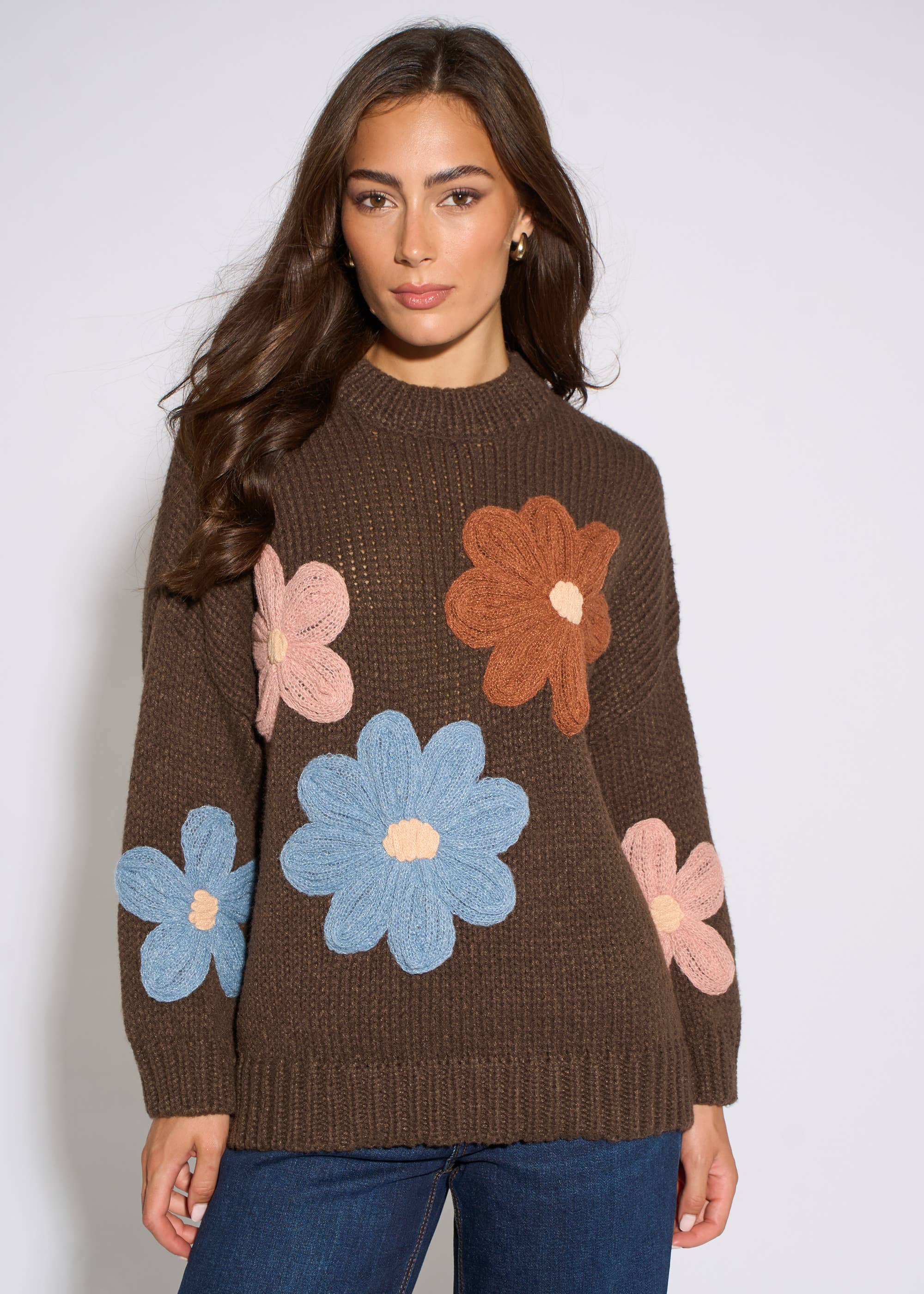 Brown 3D Floral Turtle Neck Knit Jumper